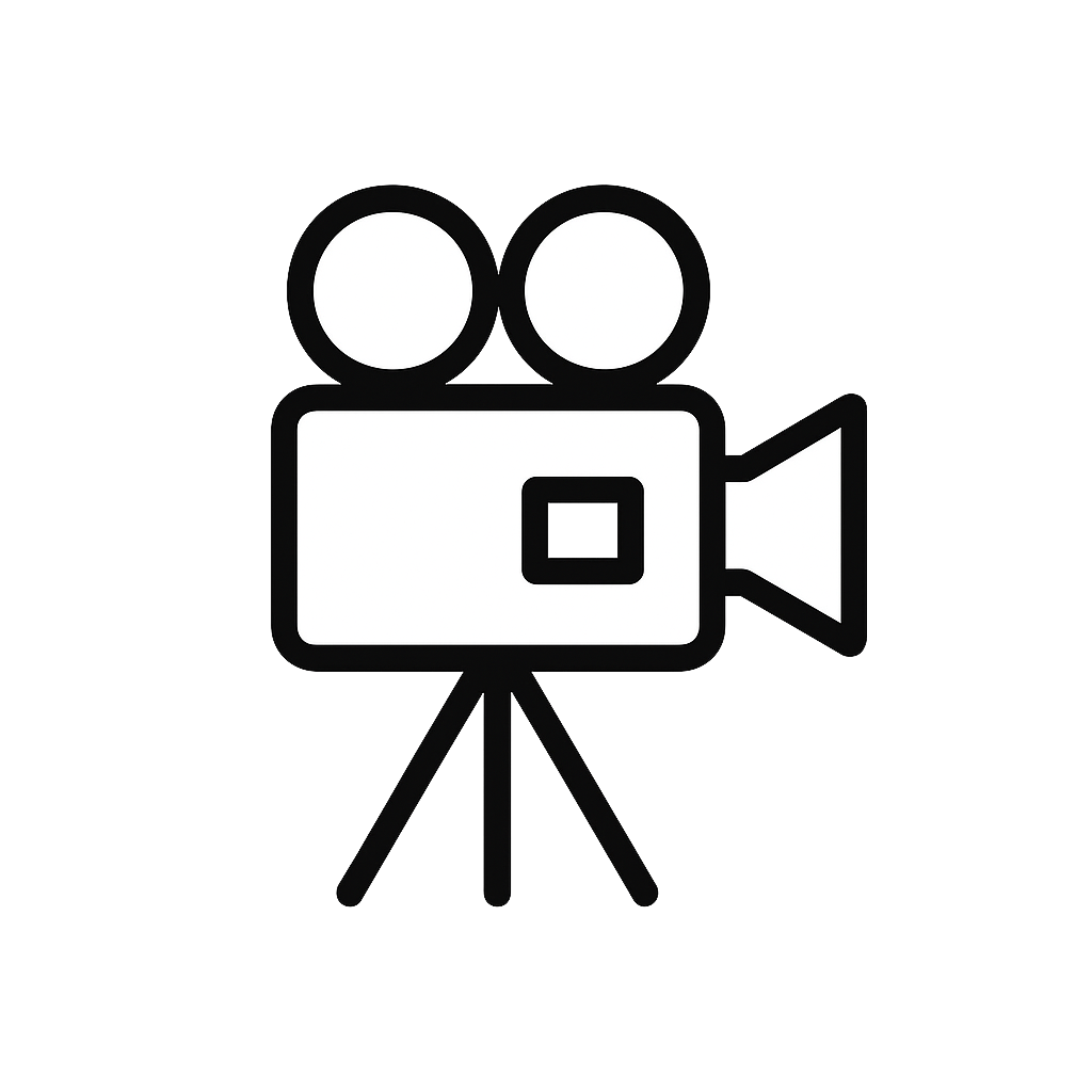 Icon of a vintage film camera with two reels on top, mounted on a tripod.