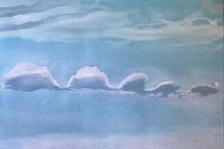 Clouds over Lawrence, oil on 11" x 14" canvas, 2023