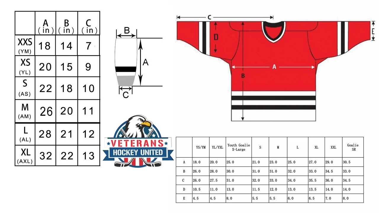 Sizing chart for jerseys and socks
