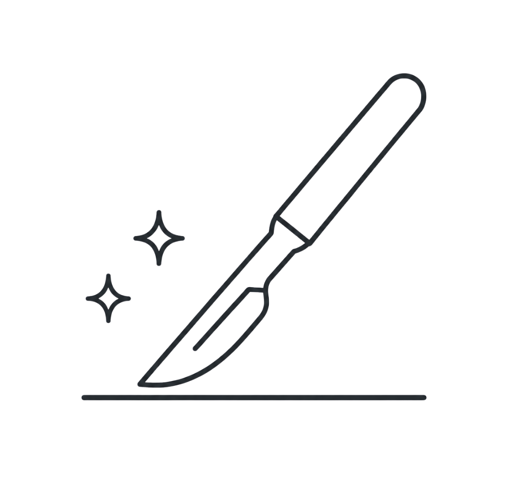 Clinical line-art icon representing dermaplaning treatment in progress with a sterile blade used in controlled movements on the skin.