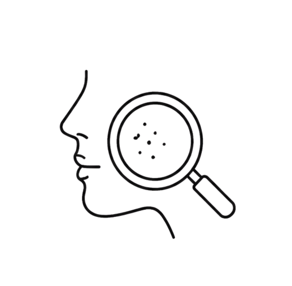 Clinical line-art icon showing skin being examined with a magnifying glass, representing professional skin assessment during a consultation.