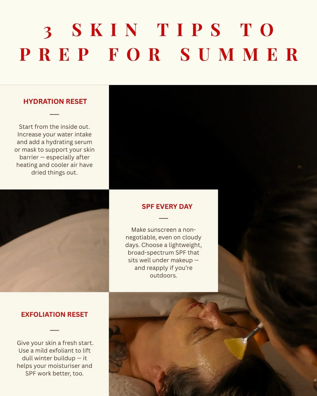 3 Skin Tips to prep for summer 🌺 

Healthy, glowing summer skin starts now &mdash; not once the heat hits. Here are three simple things you can do this weekend to get your skin ready 👇

1. Hydration Reset
Start from the inside out. Increase your wa