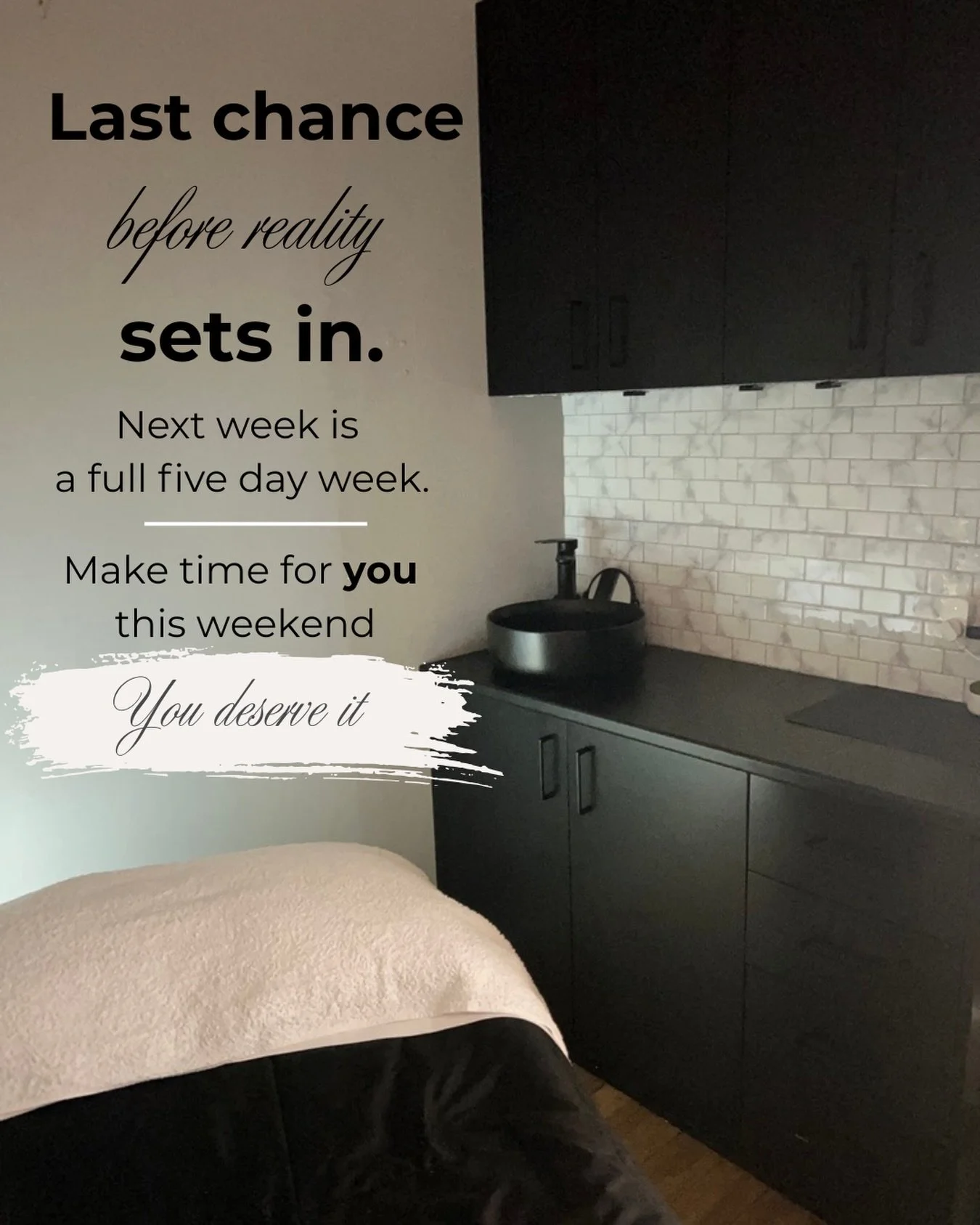 Two long weekends.

School holidays.

Chocolate.

Sleep-ins.

And somehow next week is already a full five-day week.

Before reality sets back in, take some time for yourself.

A facial.
A massage.
An hour of peace and quiet.

You deserve it.

Appoin