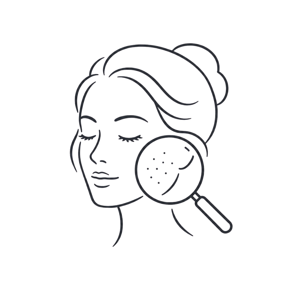 Skin consultation assessment icon showing a face with a magnifying glass.