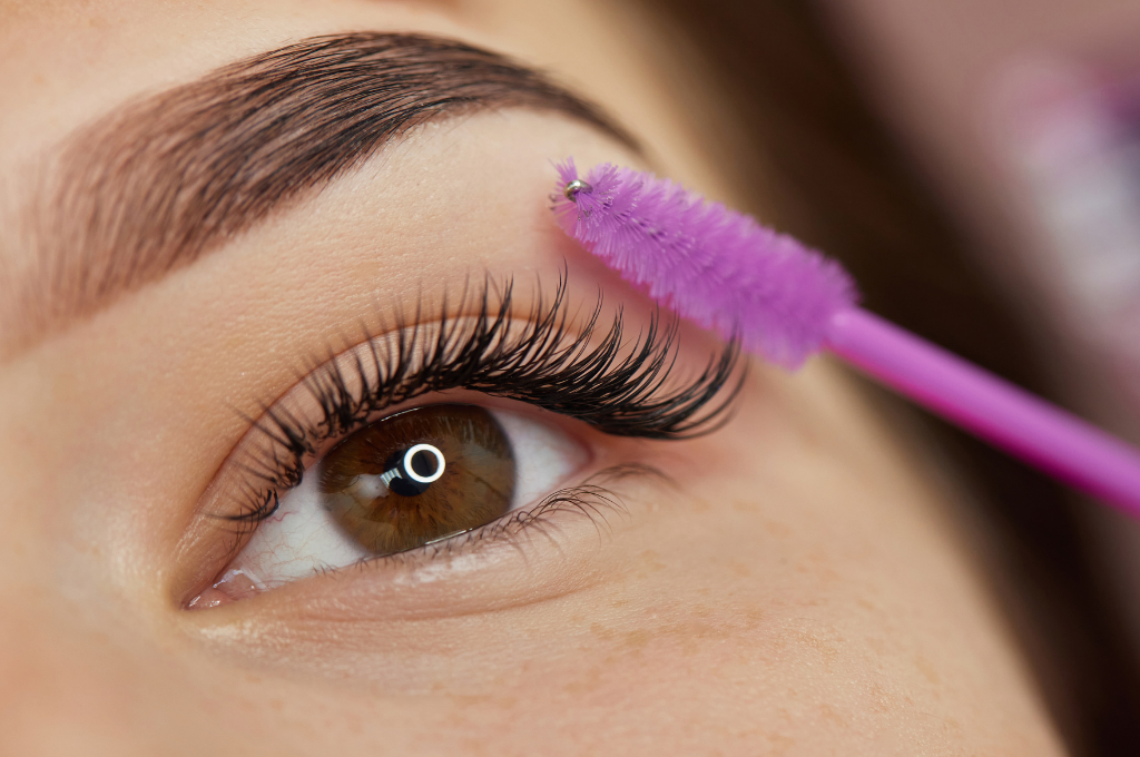 Close-up of professionally styled brows and lashes at Sibu Skin and Beauty