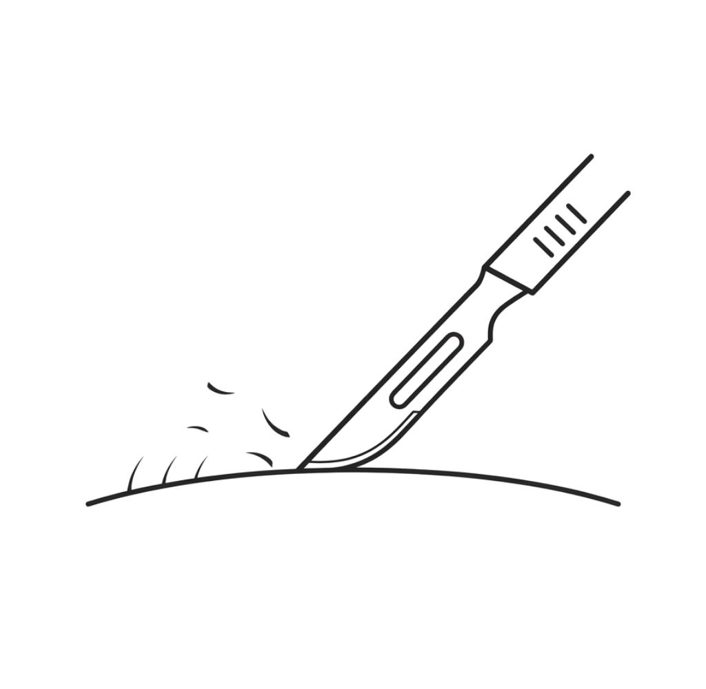 Clinical line-art icon showing a scalpel-style dermaplaning blade angled against the skin surface to remove fine vellus hair and surface build-up.