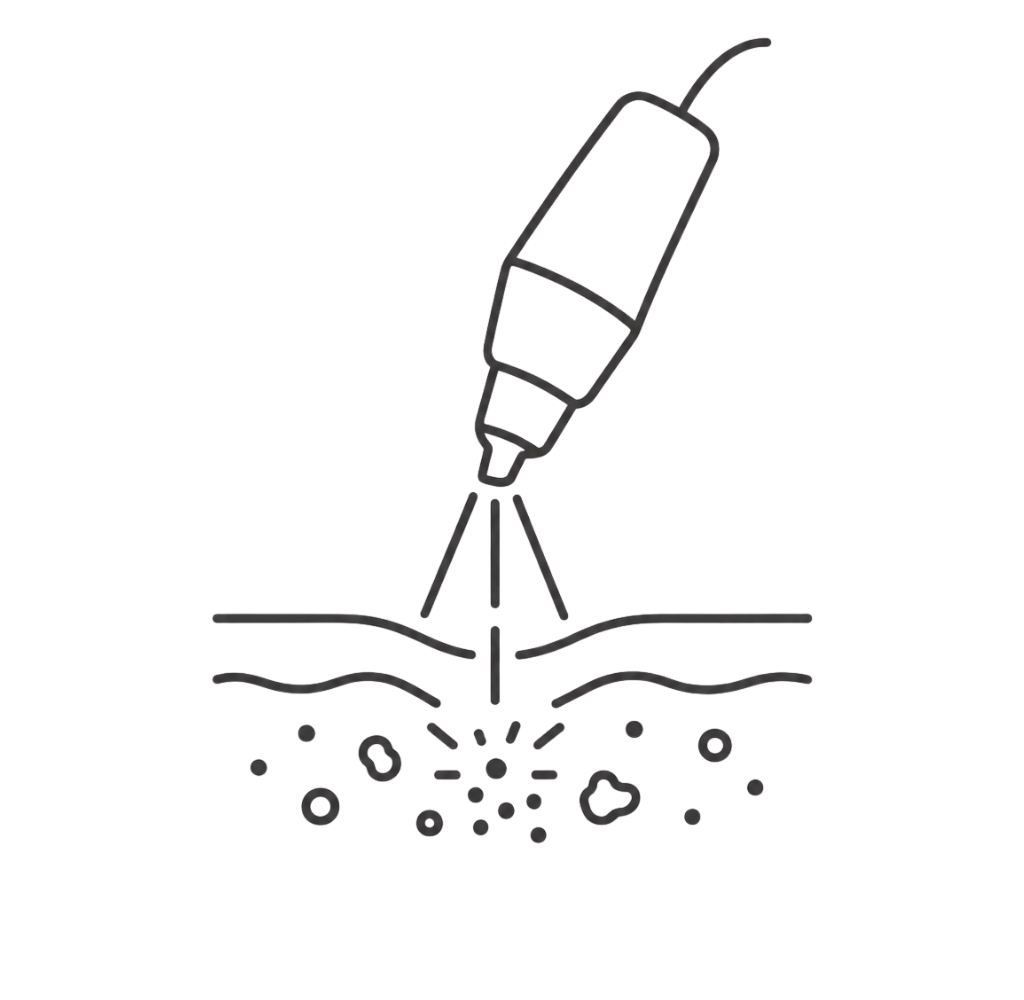 Clinical line-art icon showing a laser handpiece targeting pigment particles within the skin, representing a Tattoo Removal consultation.