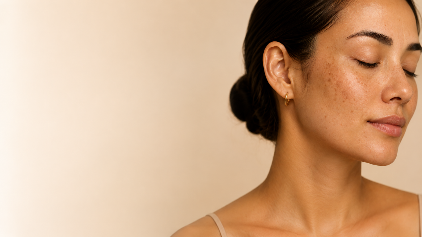 Close-up portrait showing natural facial pigmentation and uneven skin tone on the cheek.