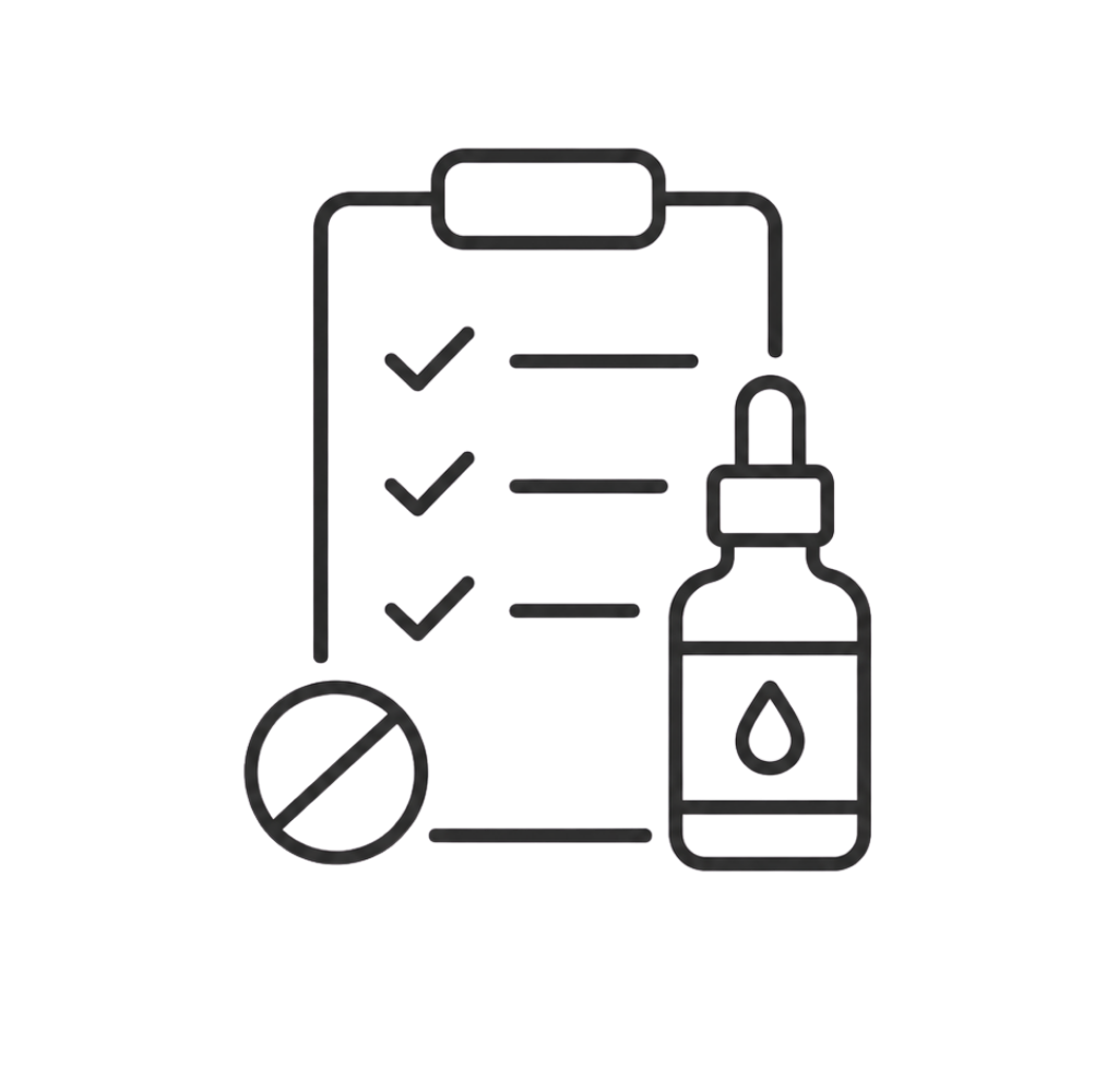 Clinical line-art icon representing preparation for a skin consultation, including skincare, medications and relevant information.