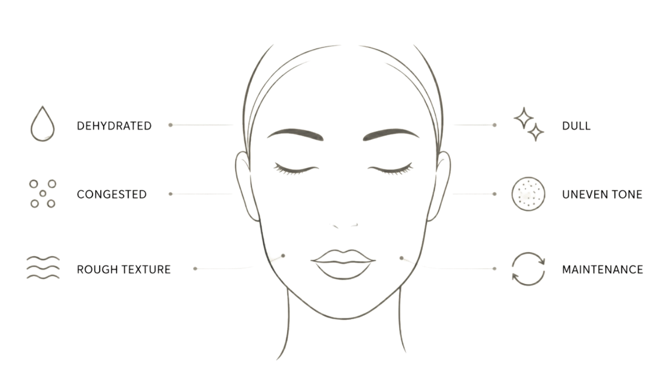 Minimal line illustration of a face with labelled skin concerns including dehydration, congestion, rough texture, dullness, uneven tone and maintenance for HydraFacial at Sibu Skin and Beauty.