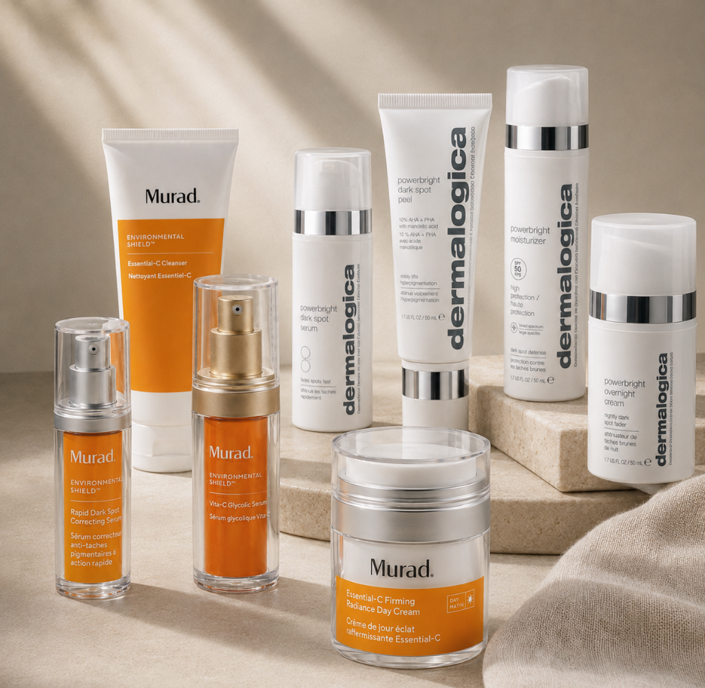 Murad and Dermalogica pigmentation home care - skin care products including brightening, dark spot treatment and SPF