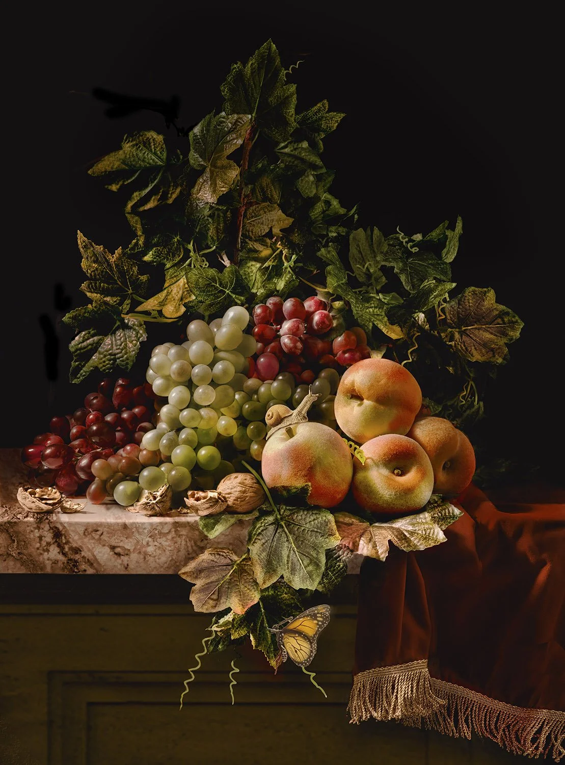 Still Life with Fruit, Walnuts and Insects on a Marble Ledge