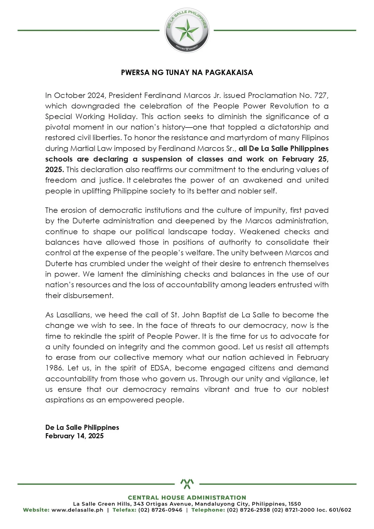 Pwersa ng Tunay na Pagkakaisa: Honoring EDSA People Power Through Solidarity and Reflection