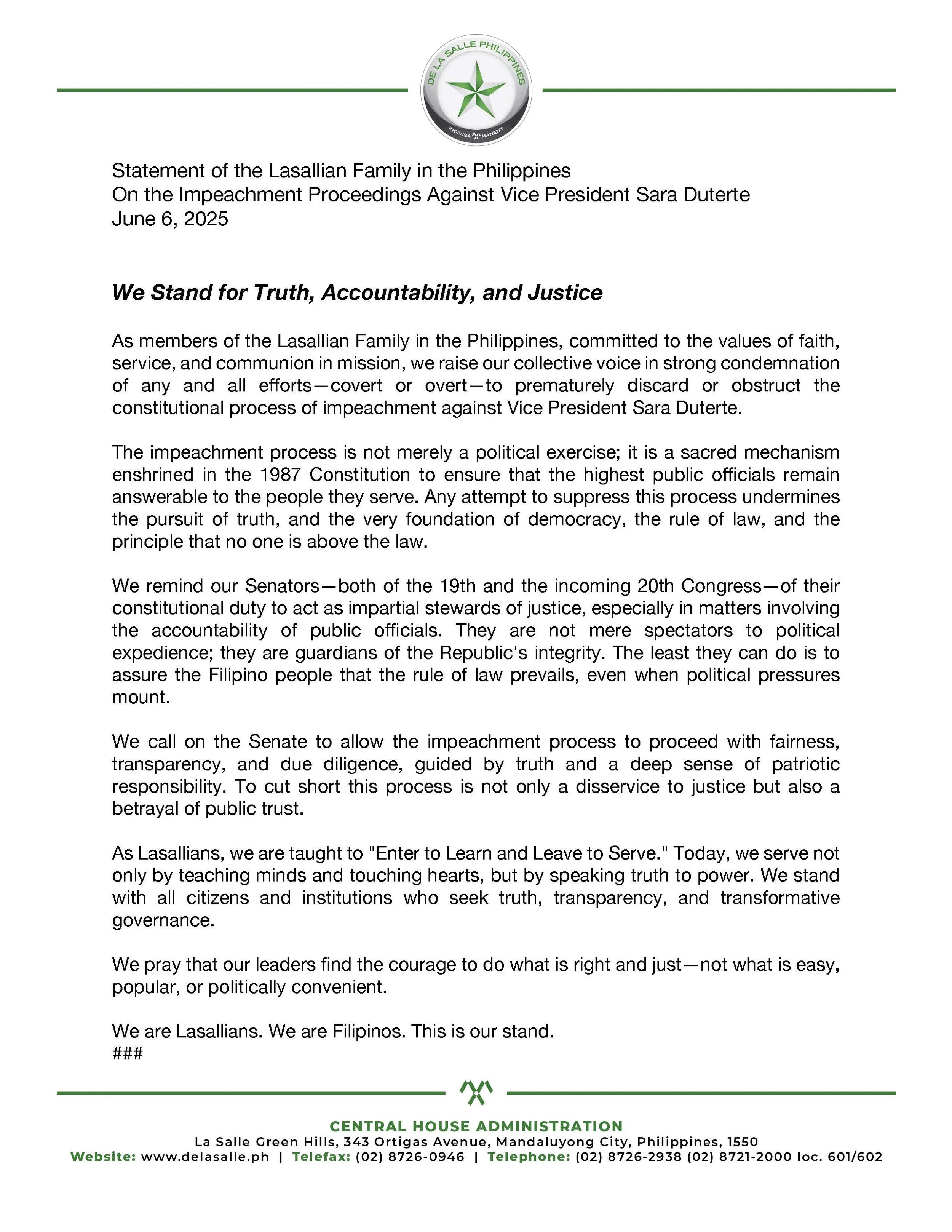 Statement of the the Lasallian Family in the Philippines on the Impeachment Proceedings