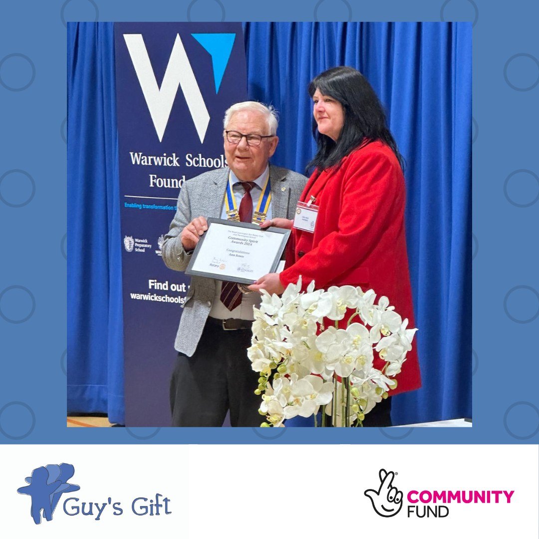 Last week, volunteer and trustee Ann recieved a Community Spirit Award for volunteering in the Warwickshire area

We couldn't be more proud of Ann's support of Guy's Gift, and we're not sure a thank you will ever cover it really - but THANK YOU Ann!
