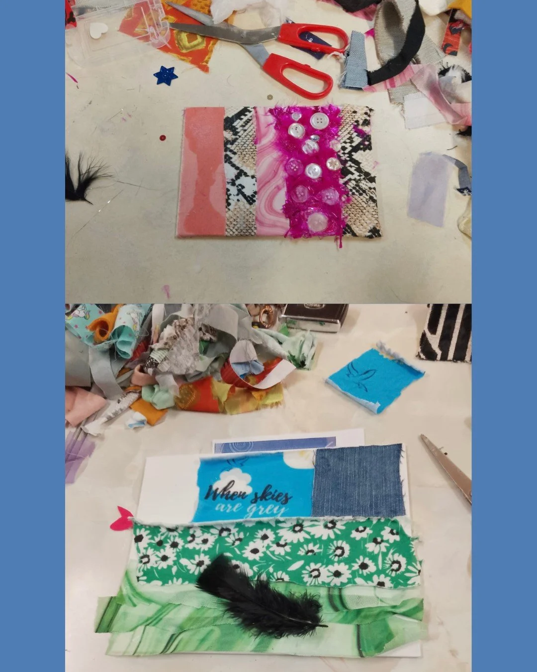 Today, we're sharing some of the wondeful collages created by our Parent/Carer Bereavement Support Group in Leamington. Collages use scrap fabric and other materials to help those attending our group to 'tell my story' and express their emotions.

Wh