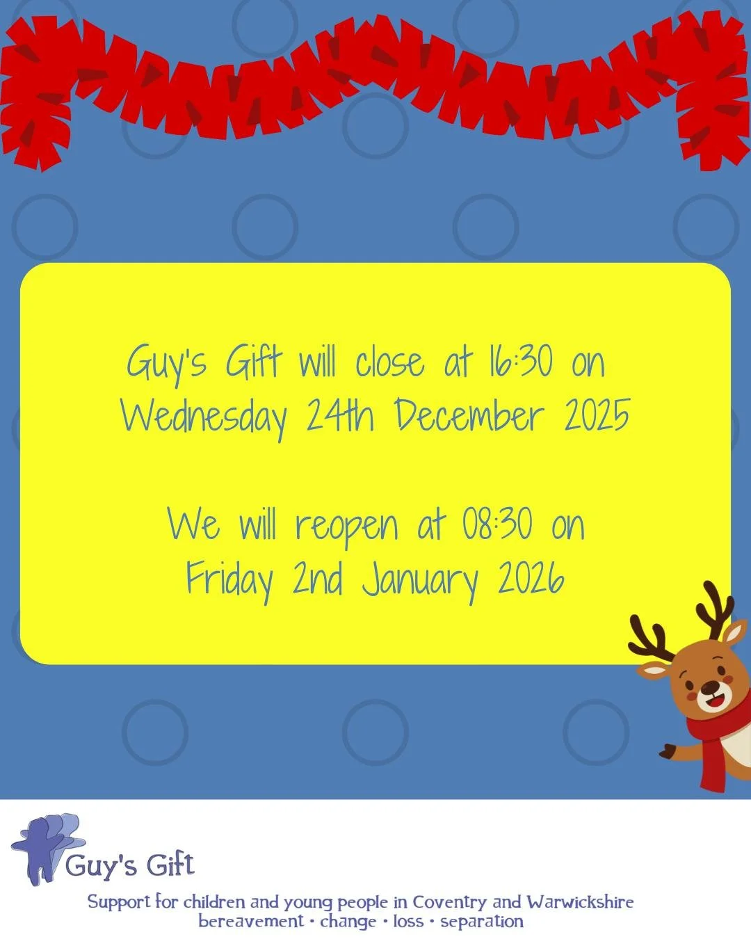 Sharing our opening times over the Christmas period. We will be closed between the 24th December and the 2nd January. We look forward to seeing you in 2026!