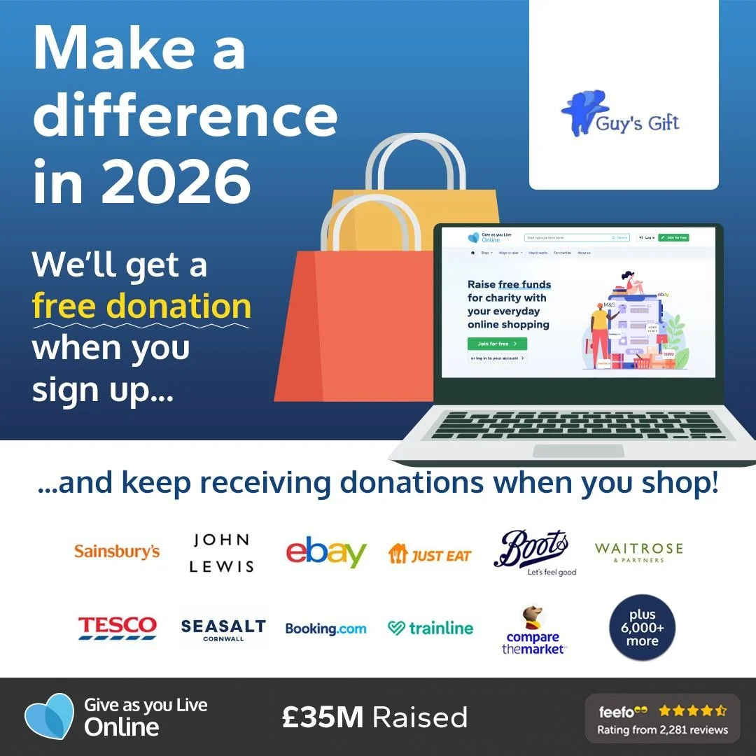 Do you know you can fundraise from home for Guy's Gift with Give As You Live? You can earn funds with your grocery shopping, insurance switches and other online purchases! 

Plus, we'll get a bonus donation when you sign up before the end of February