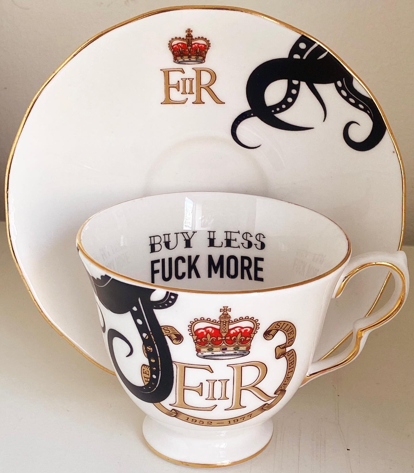 &lsquo;Buy less, Fuck More&rsquo; - I couldn&rsquo;t resist making a special little #jubilee set of tea cups and saucers. I have #upcycled 5 gorgeous Queen Anne bone china tea cups that celebrate #queenelizabeth silver jubilee in #1977. They are in g
