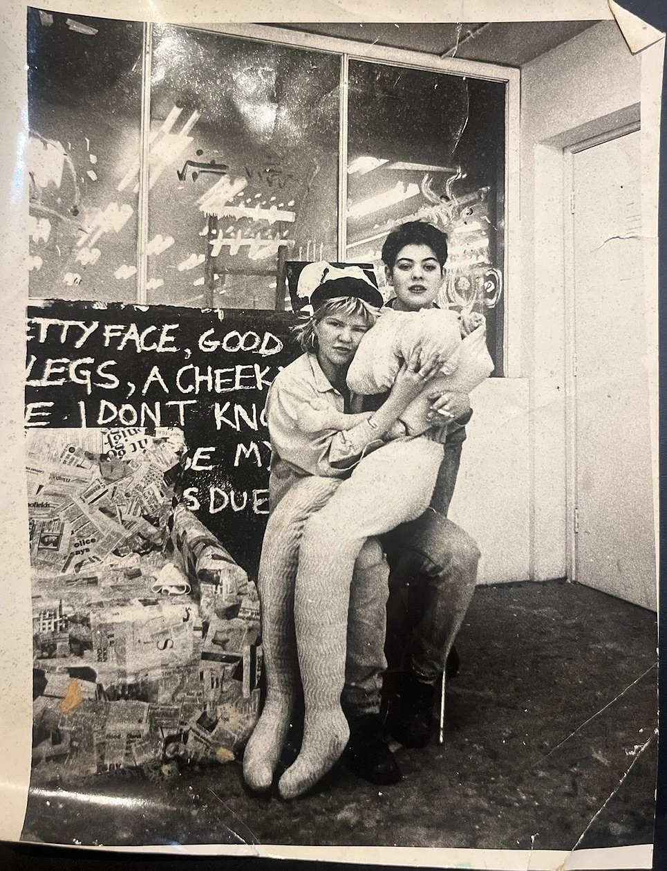 ‘Fat Slags’.
Leeds Poly
1988.
For the last year I have been going through all my old boxes of photos, slides etc with the hope of actually getting a book together about my life through art. These are nearly the only photos that exist o