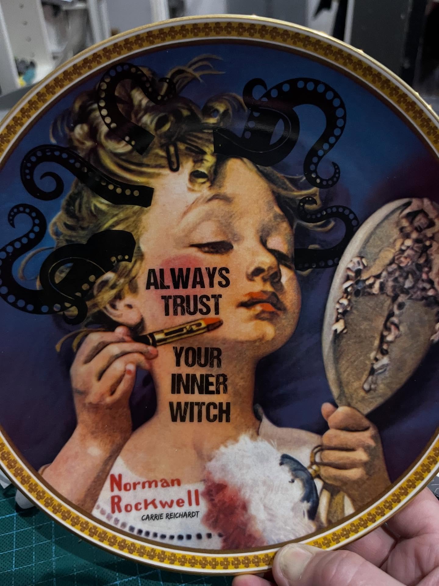 Hot out the kiln - but should I add more decals ?  This is one of the plates I will bringing next Sunday to the  @satanicfleamarket . It&rsquo;s 12-6pm at @electrowerkz_ , nearest tube is Angel. I&rsquo;m on the second floor so come say hi to me and 