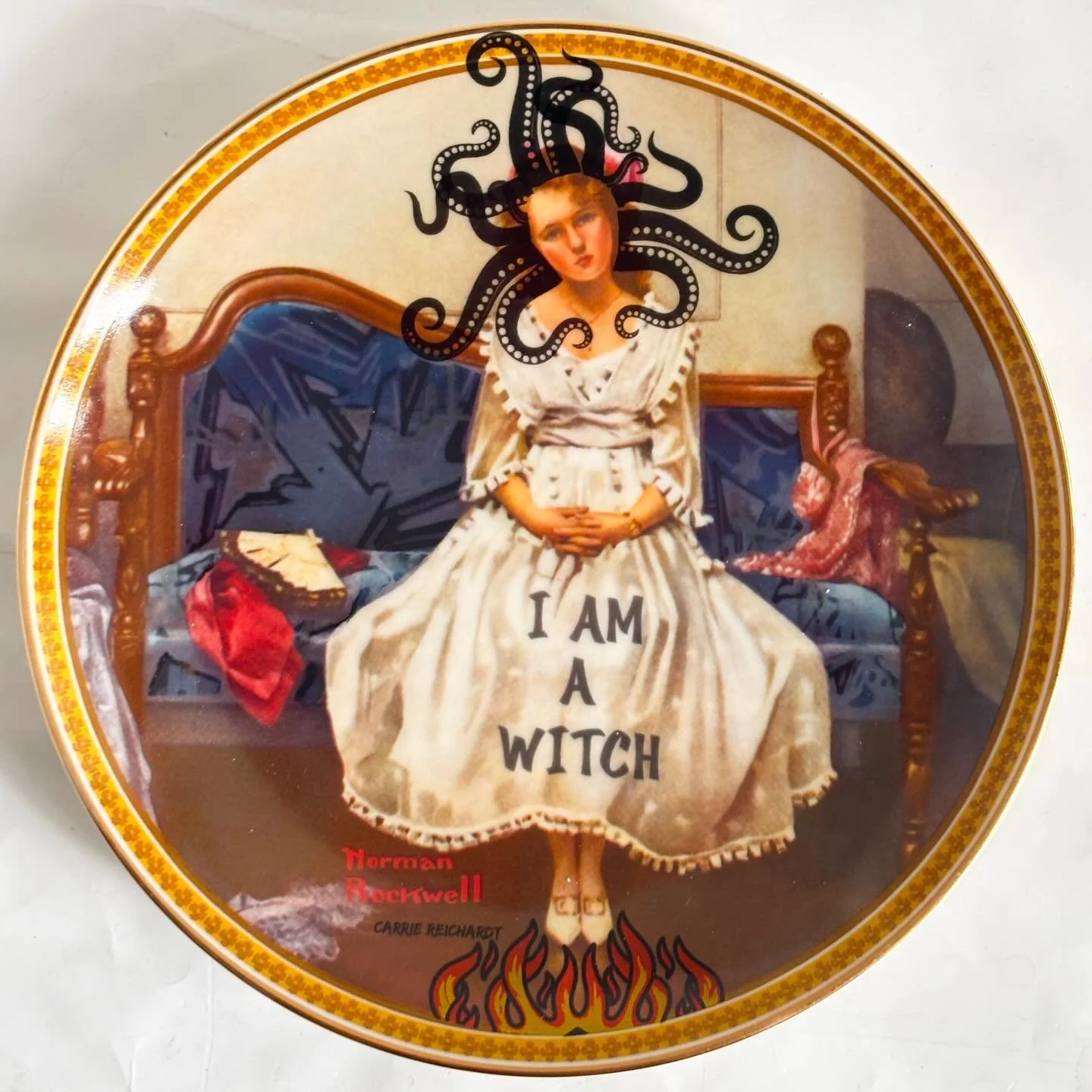 I have a series of 8 plates currently on show with @artcorebrighton as part of the Brighton Open Studios @artistsopenhouses .  I have reworked a series of 1980&rsquo;s Norman Rockwell plates and re-fired them with ceramic transfers to play around wit