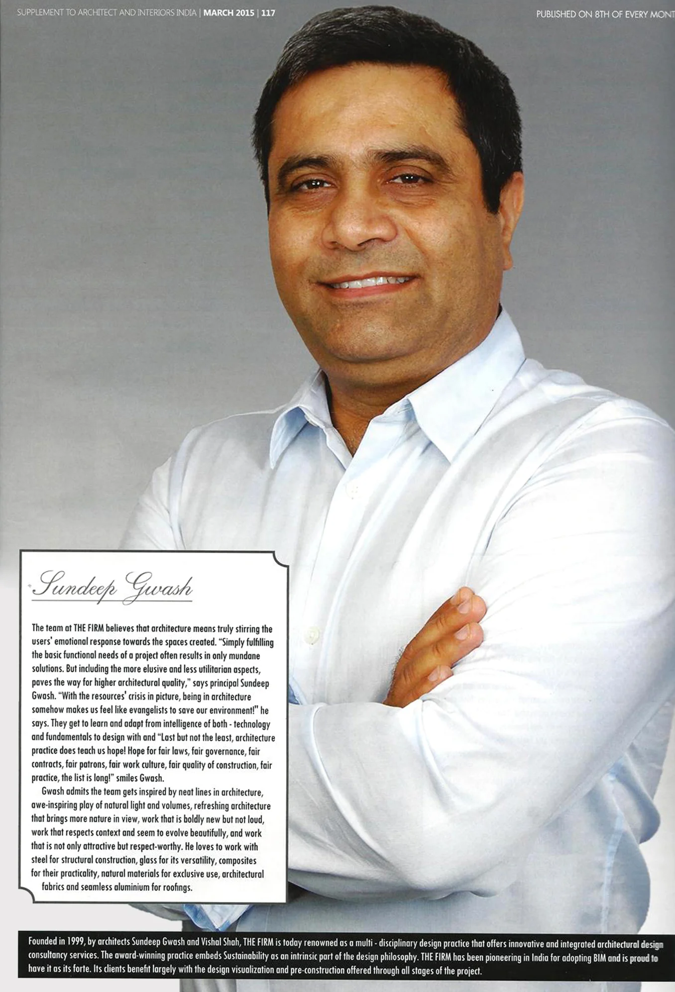 Arch. Sundeep Gwash among 'Hot 100' in Anniversary Issue of Architect &amp; Interiors India - March 2015