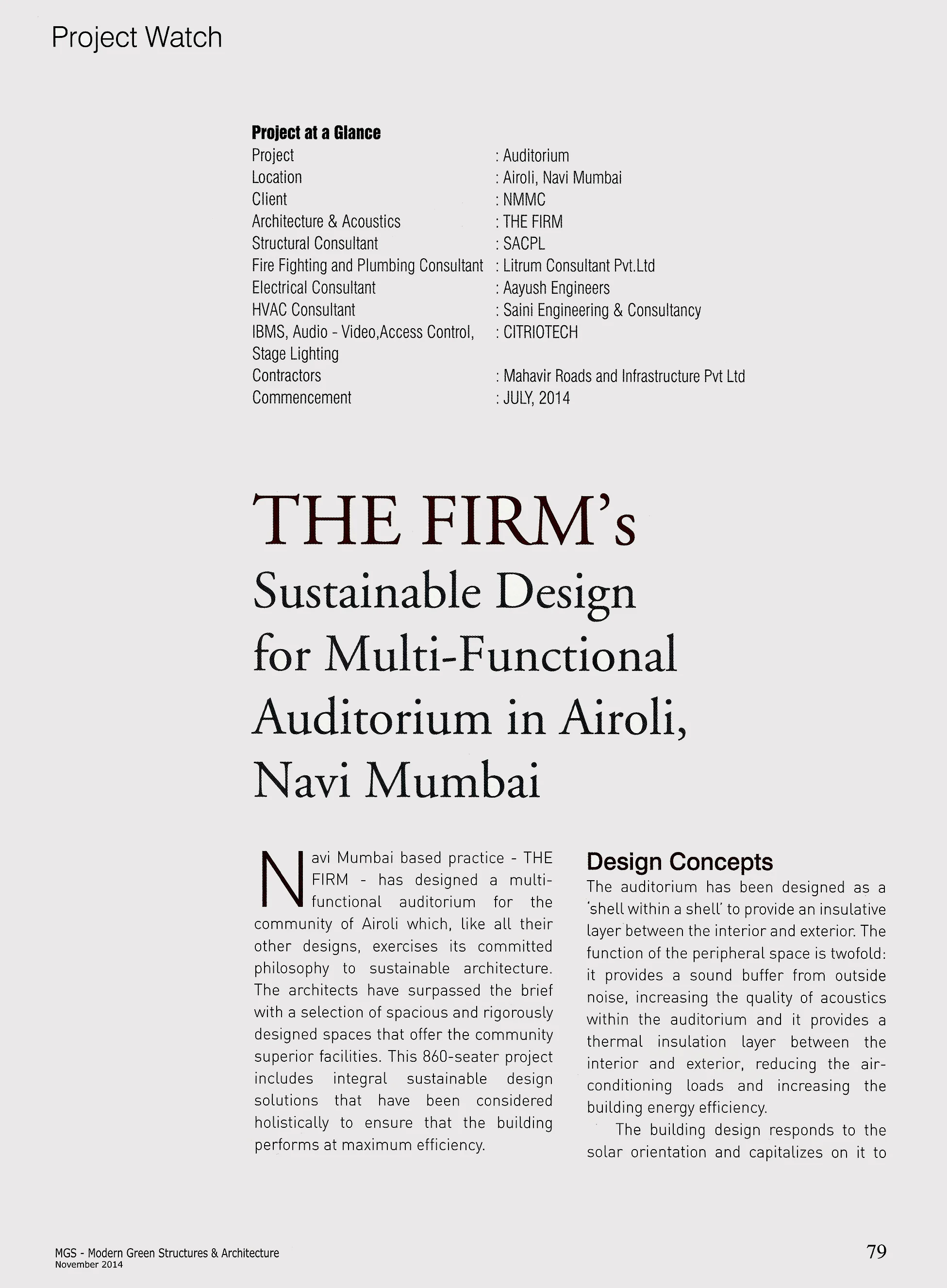 THE FIRM's Sustainable Design for Multi-Functional Auditorium - MGS Architecture November 2014 