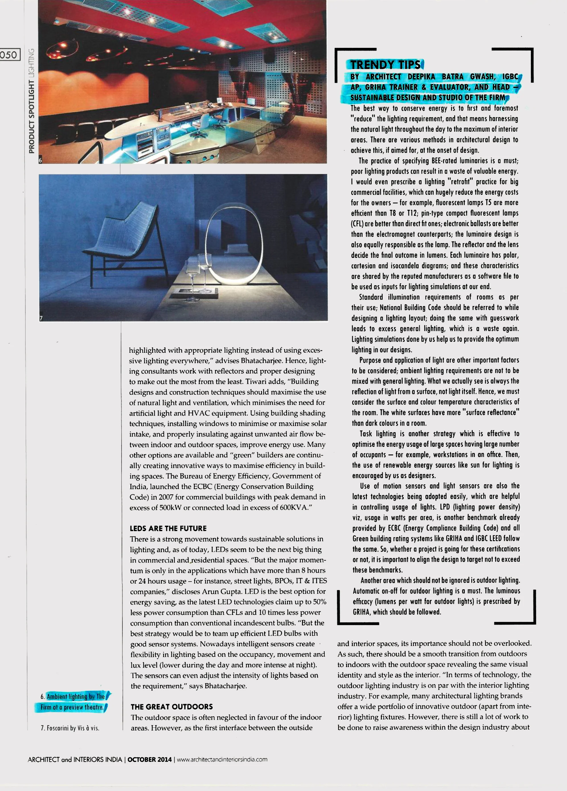 Arch. Deepika Batra shares tips for lighting design - 'Architect &amp; Interiors India' October 2014