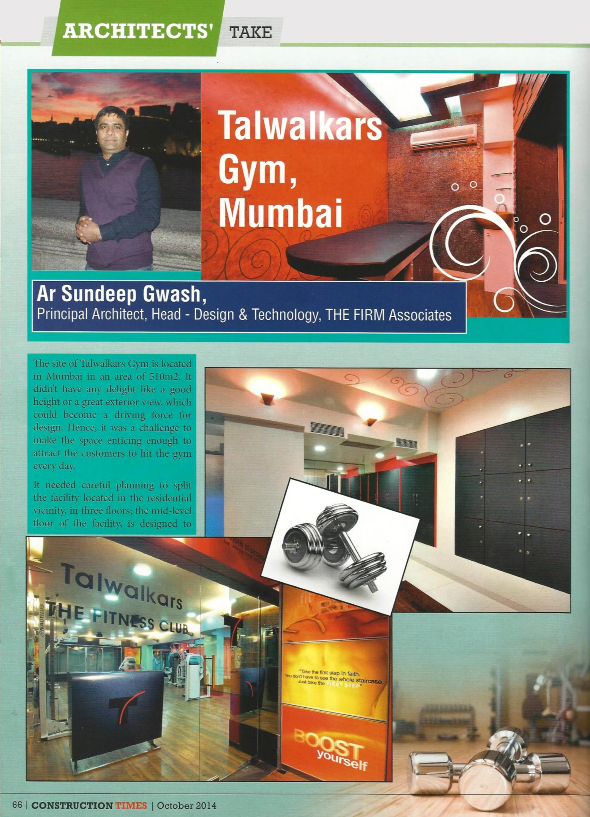 Project Talwalkars Gym, Juhu, Mumbai, featured in Construction Times - October 2014