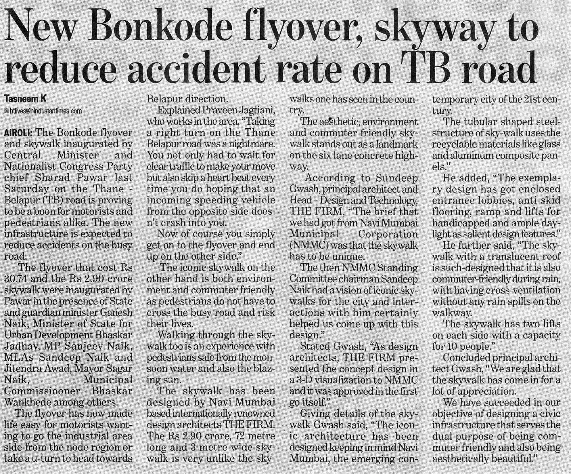 Project NMMC Skywalk in News : appreciated for its commuter-friendly design - HT Live Navi Mumbai 4th August 2012 