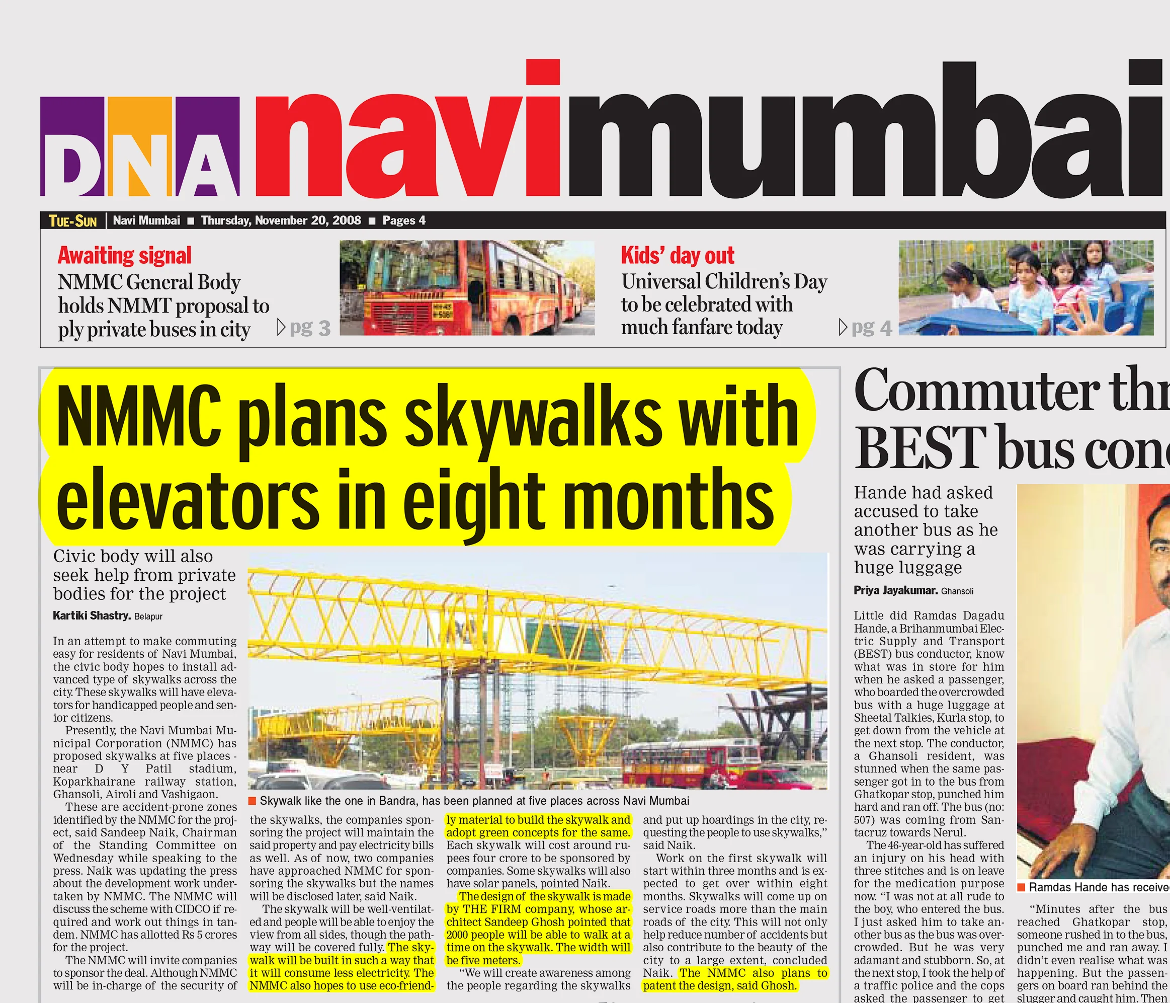 Project NMMC Skywalks in News : THE FIRM shares the salient features of proposed design - DNA Navi Mumbai November 2008