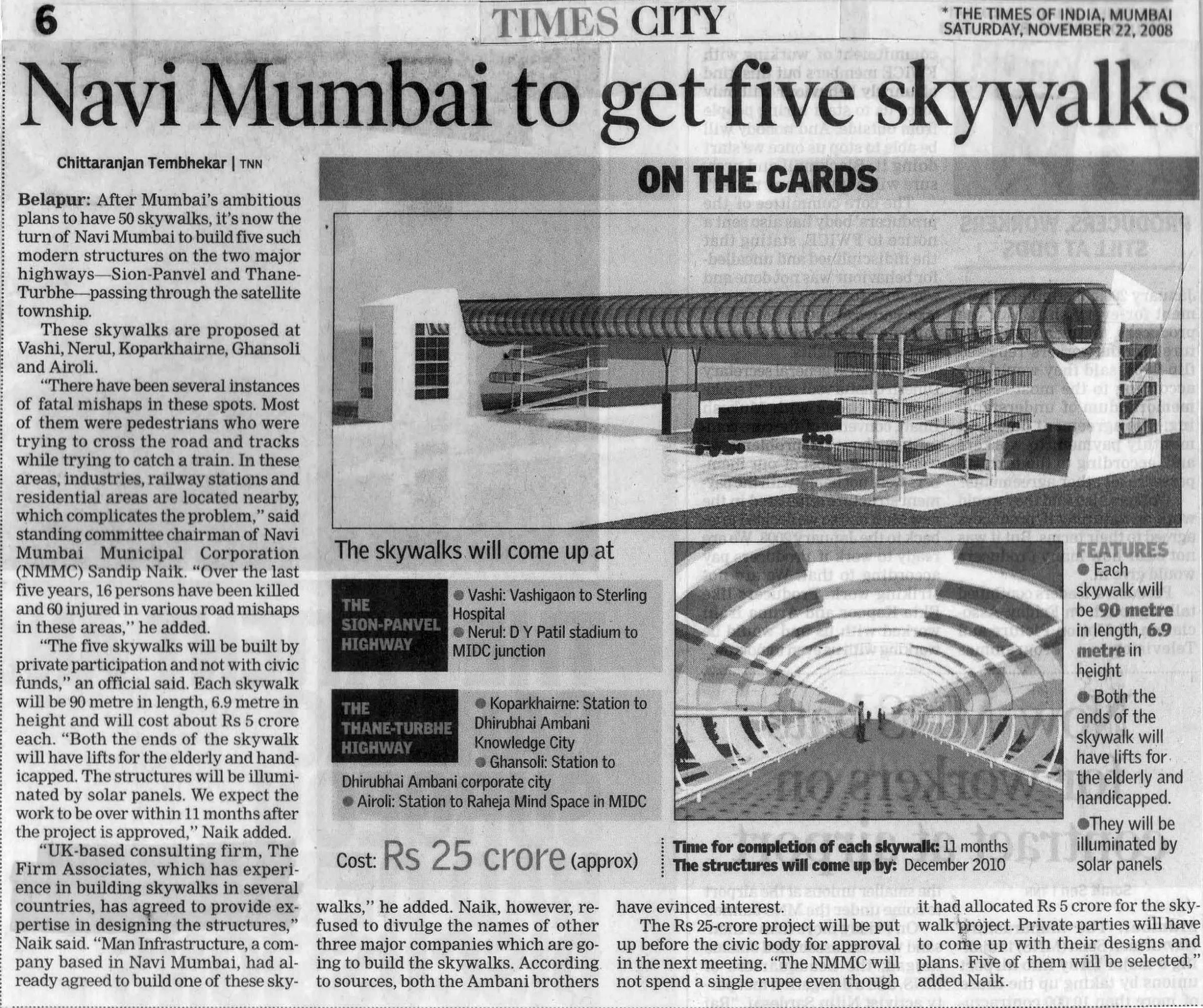Project NMMC Skywalks in News : Concept images shared by THE FIRM- Times of Navi Mumbai 22nd November 2008