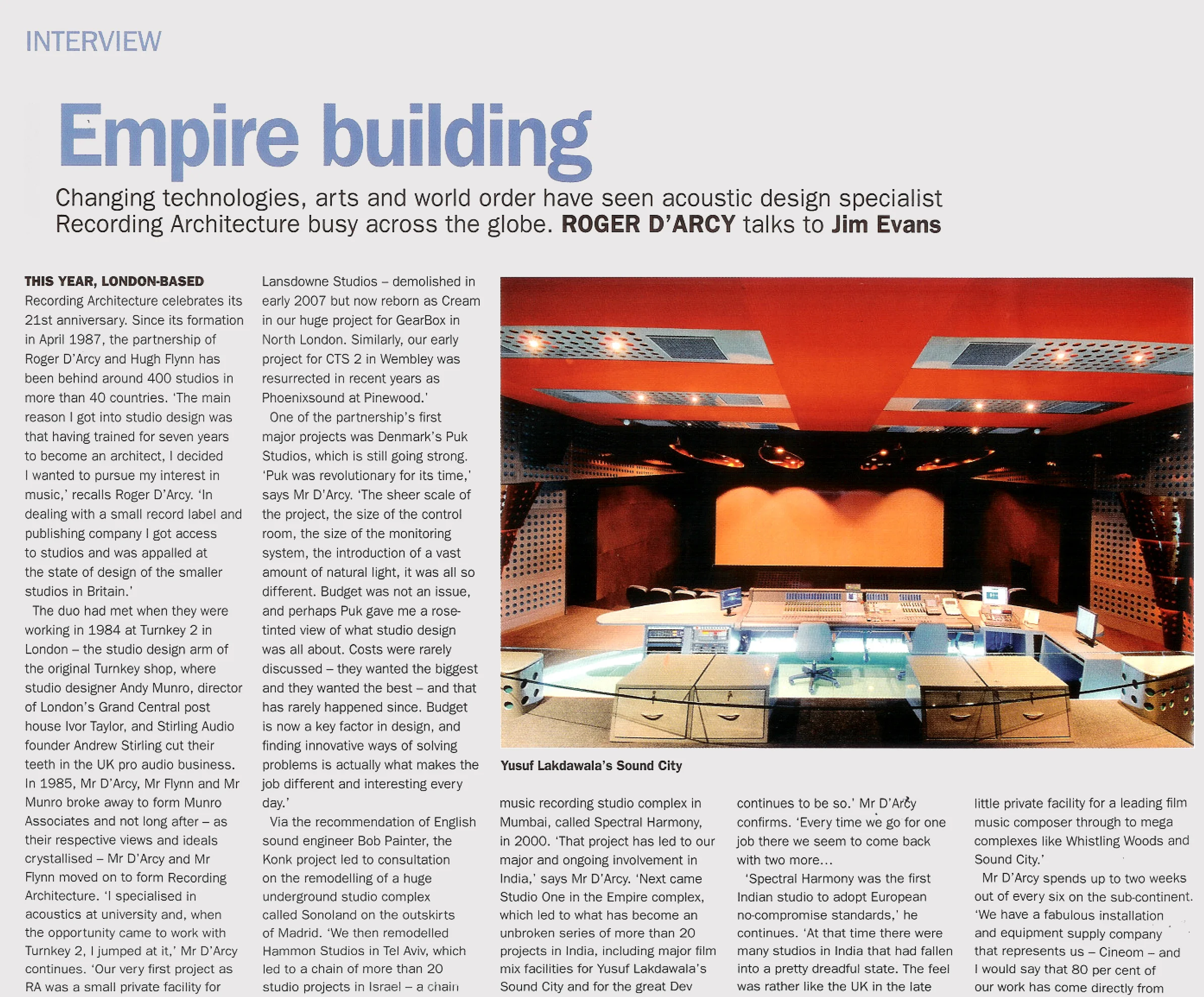 Projects 'Sound City' &amp; 'Navketan Studios' in association with RA London, featured in Proaudio Asia - September 2008