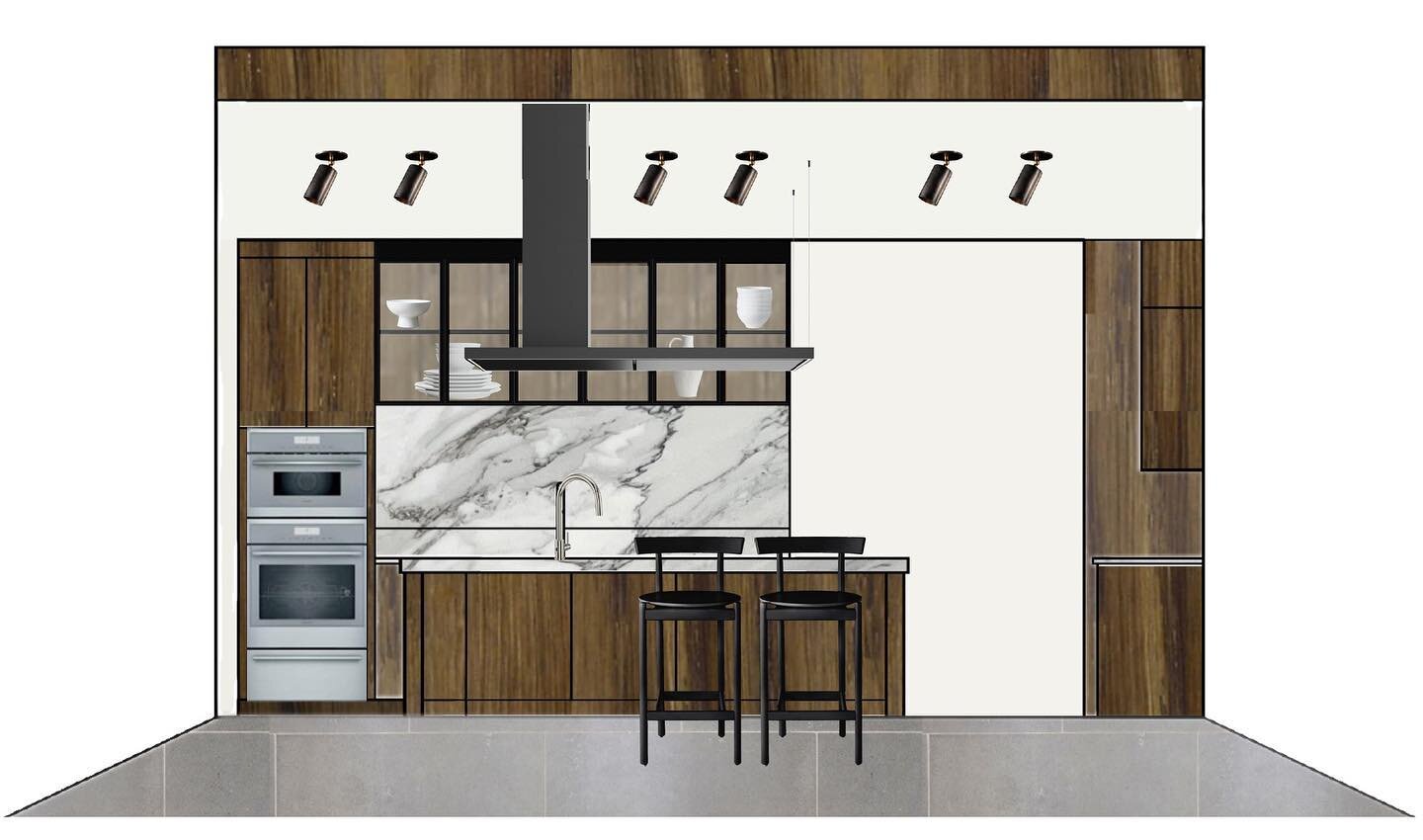 Contemporary kitchen design presented today for a current project. Loving the offset hood over the island, richly grained veneer cabinet doors and the bluestone floors. What you can&rsquo;t see here, the 14&rsquo; sliding doors that open up to a 180 