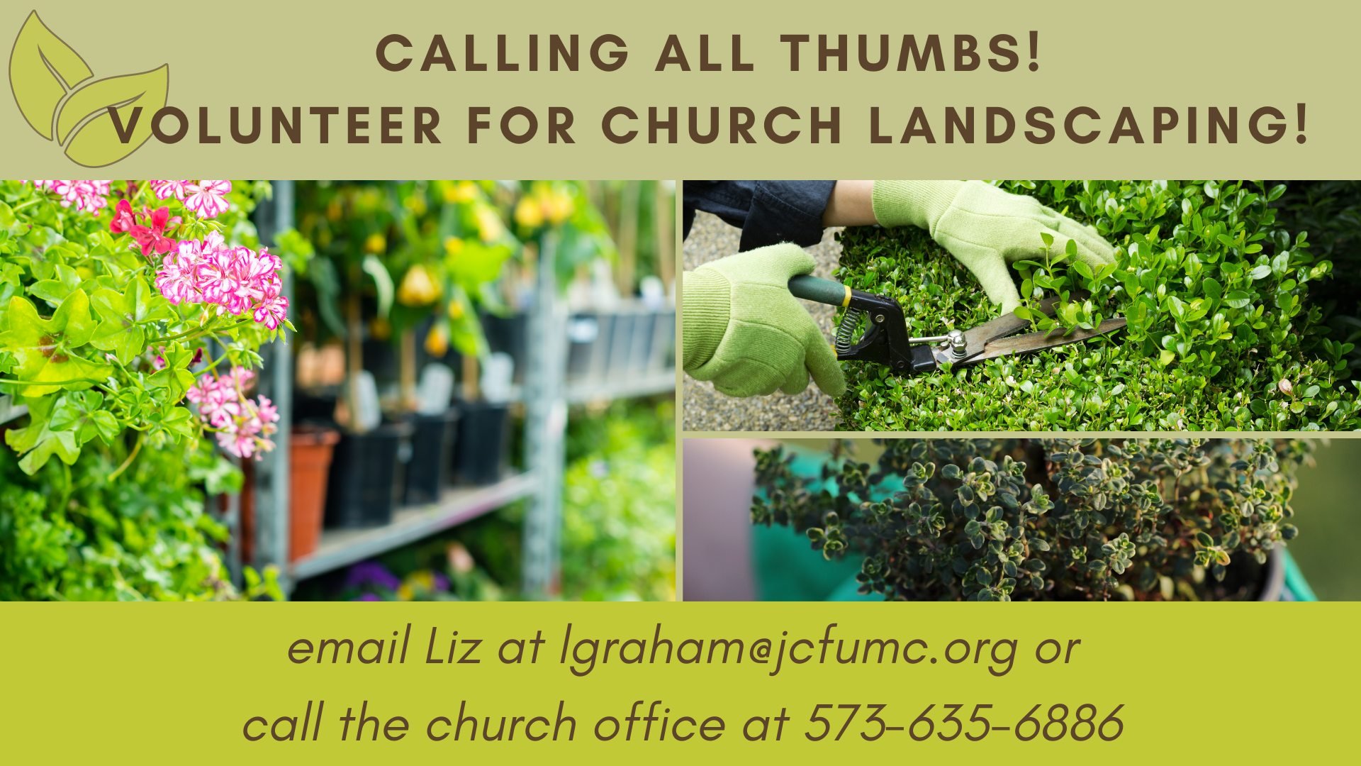 🌿Calling All Thumbs, Green or Otherwise!

👩&zwj;🌾If you like gardening, or want to just get some fresh air, JCFUMC could use your help. There are currently two volunteers responsible for our property&rsquo;s planting, weeding, flower pot arrangeme