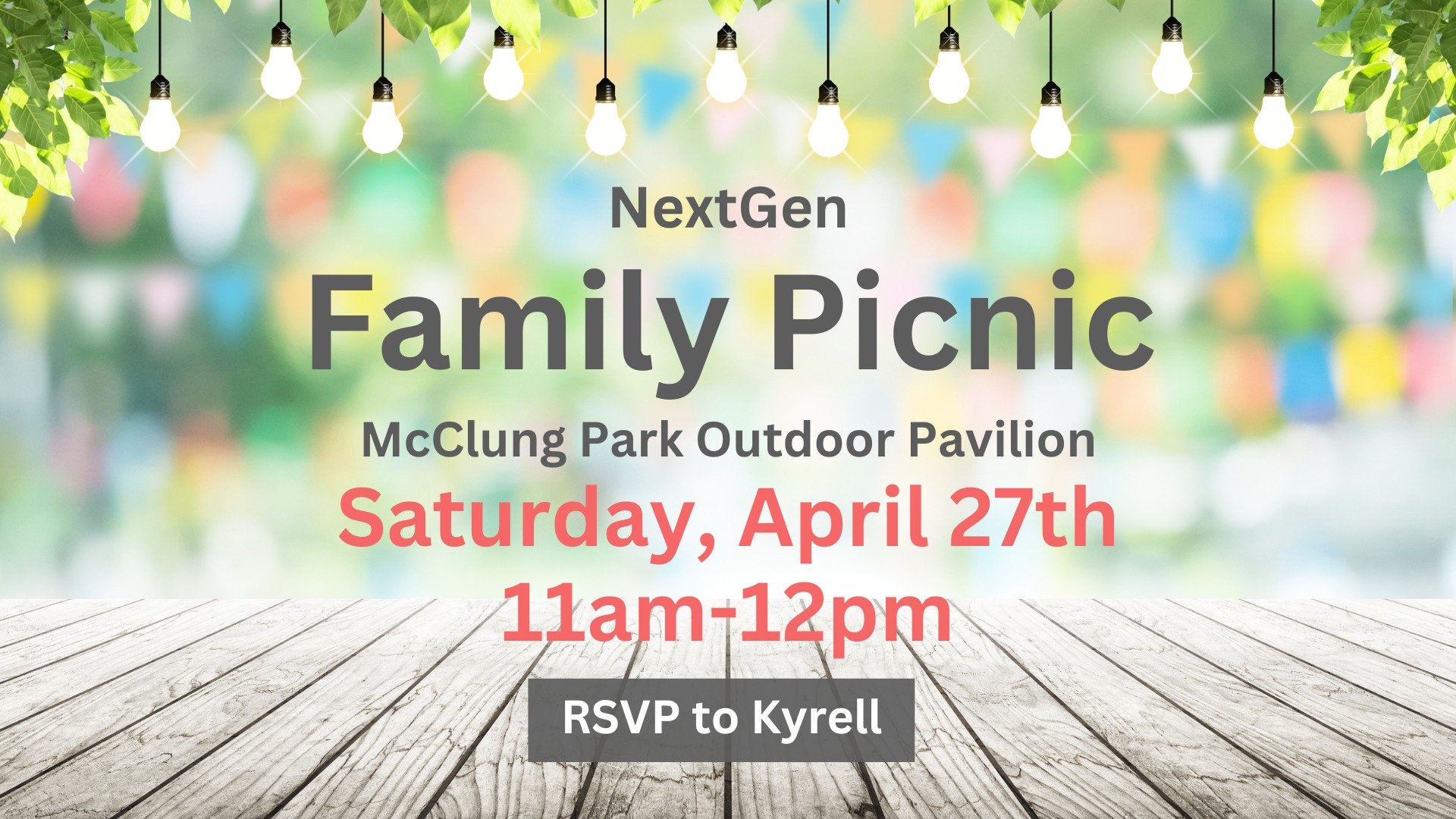 💚All NextGen families are invited to join us for a picnic at McClung Park Outdoor Pavilion on Saturday, April 27th from 11am - 12pm.

🌭Please bring a side to share. Church will provide hot dogs, burgers and drinks.

✅RSVP to Kyrell / 573-832-3485

