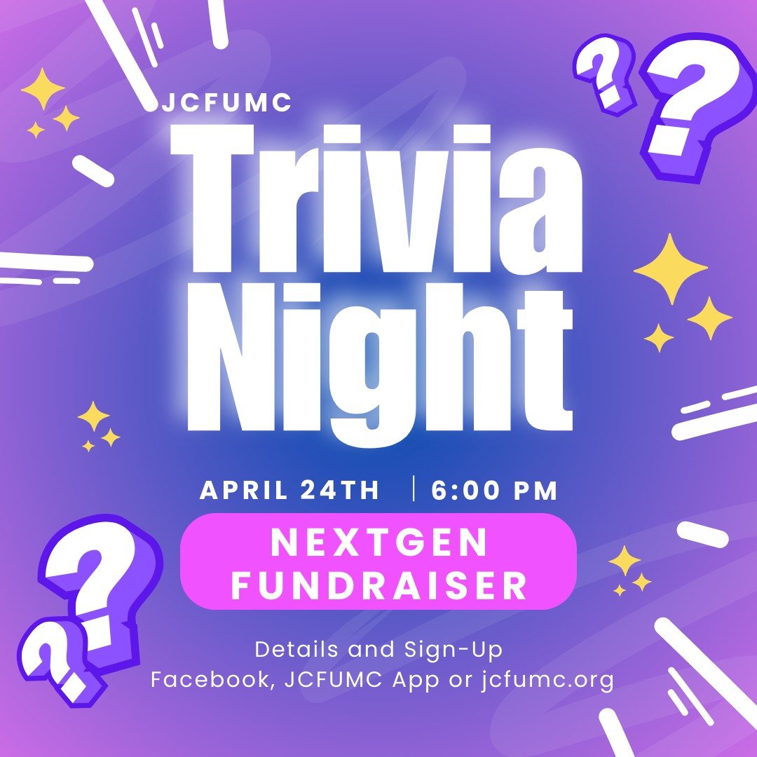 One week left to register for Trivia Night! Visit the JCFUMC App, Facebook Event or jcfumc.org/trivianight for details and sign up!

#jcfumc #jcfumcnextgen #nextgen #trivianight