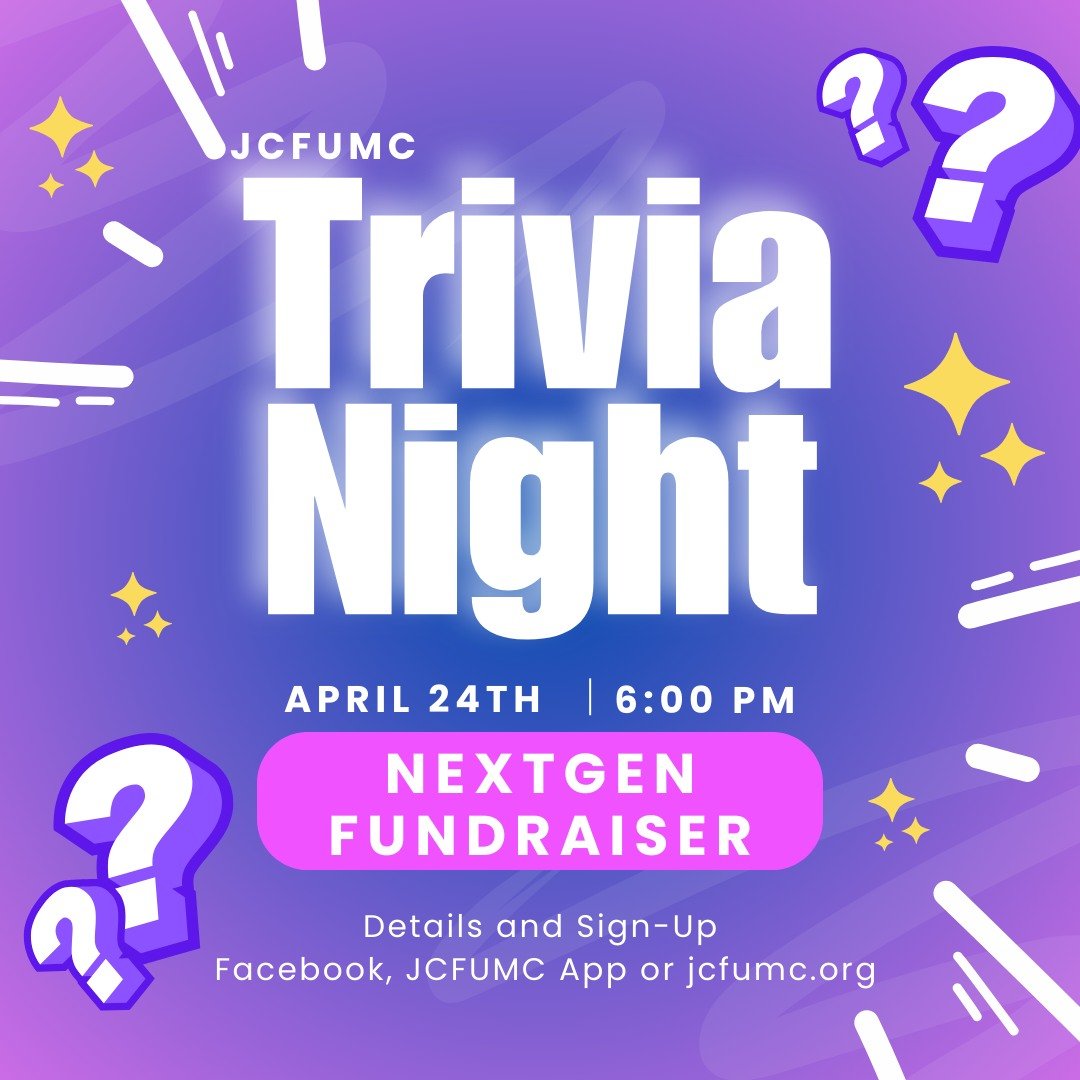 There's still time to register! It's gonna be a fun night🎉

Visit the JCFUMC App or jcfumc.org/trivianight to sign-up.

#jcfumc #jcfumcnextgen #trivianight #howmuchdoyouknow #fundraisingisfun