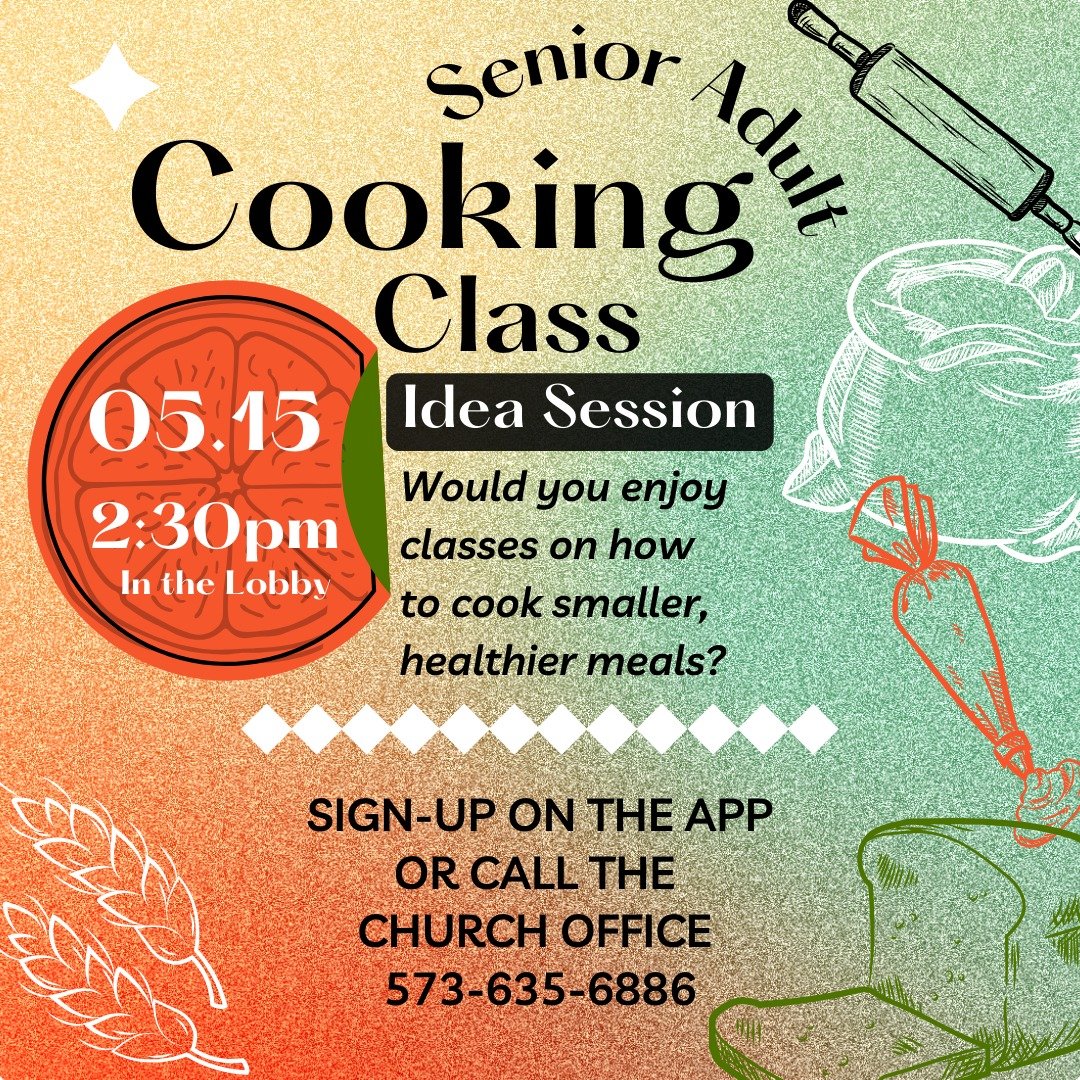 🍝Our Senior Adult Cooking Class Idea Session is happening this Wednesday, May 15th at 2:30pm in the Lobby!

📲Visit the JCFUMC APP or call us today to sign-up!

#jcfumc #jcfumcsenioradultsactivelifestye #letsgetcookin