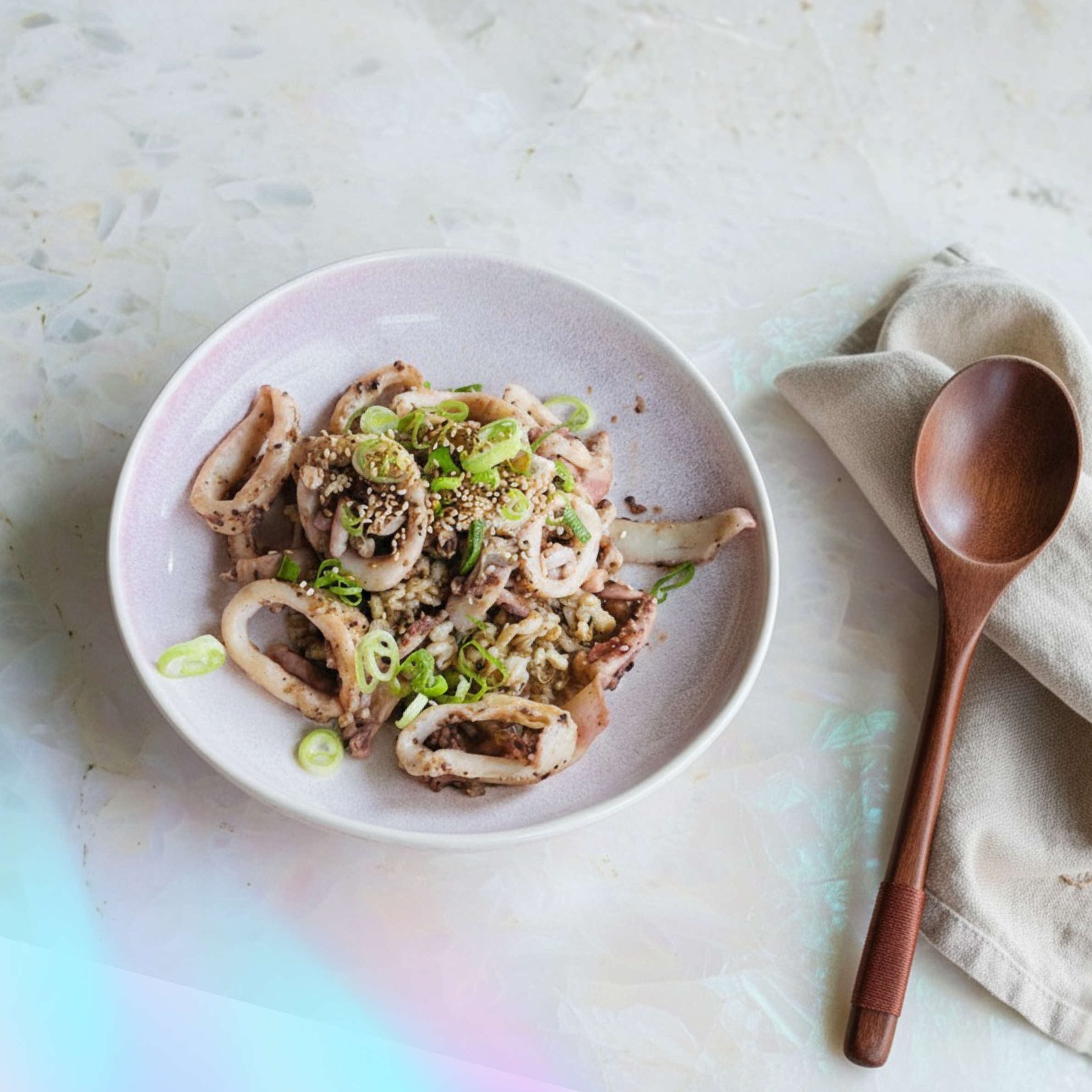 Sichuanese Squid with Barley and Ume Dressed Pak Choi
