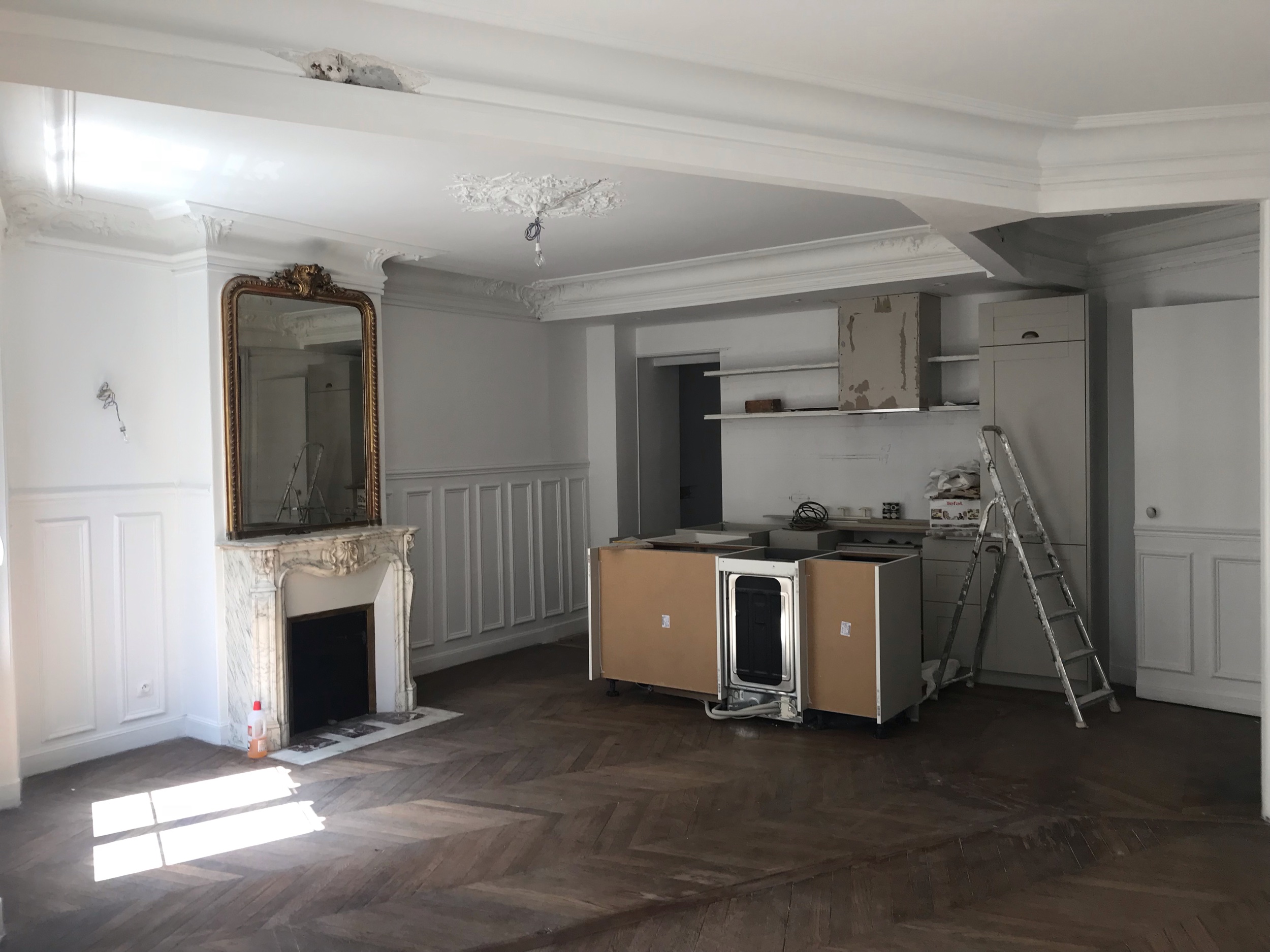 After the walls were removed, looking towards the kitchen in progress