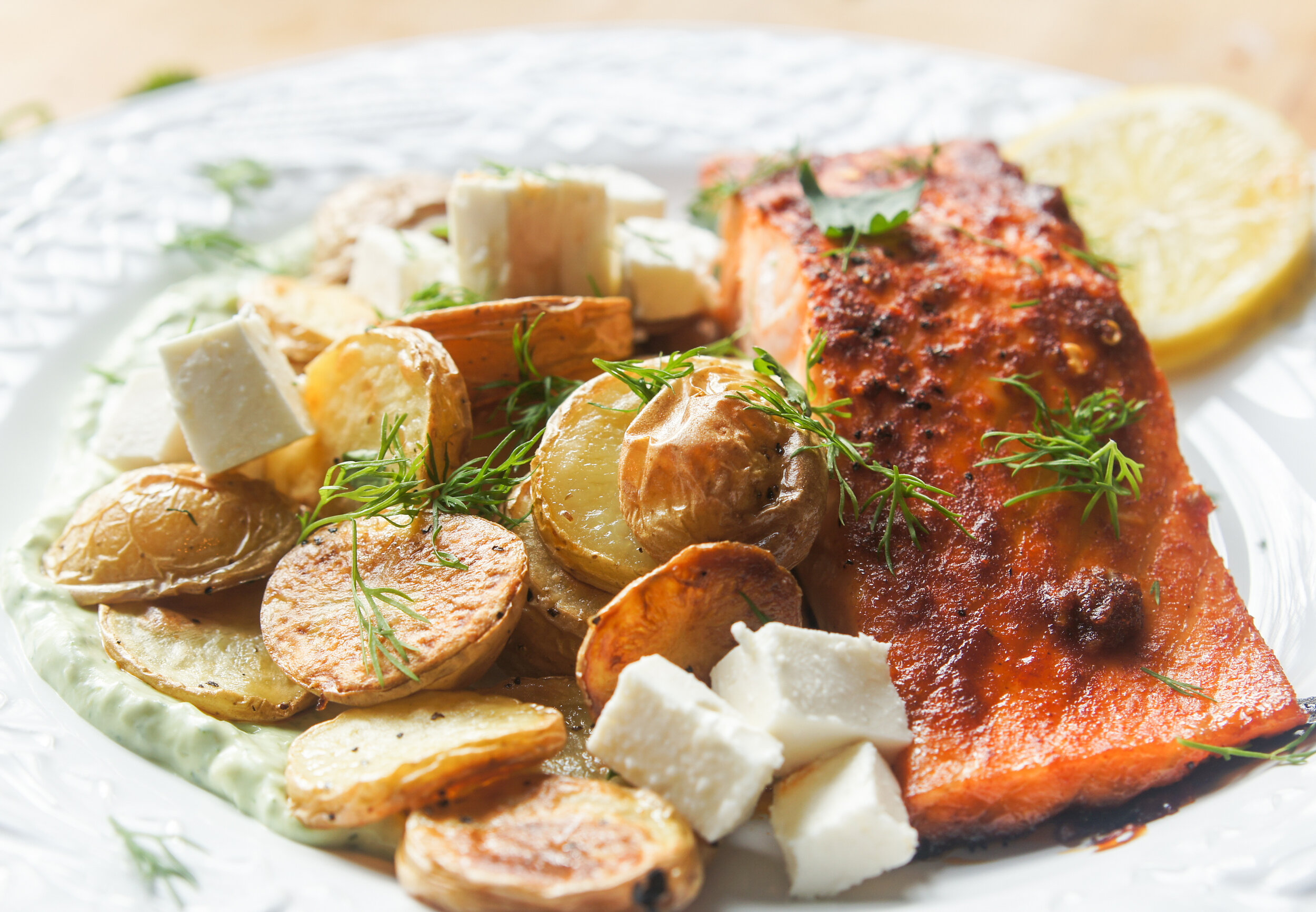 Blackened Salmon with Golden Potatoes &amp; Goddess Sauce