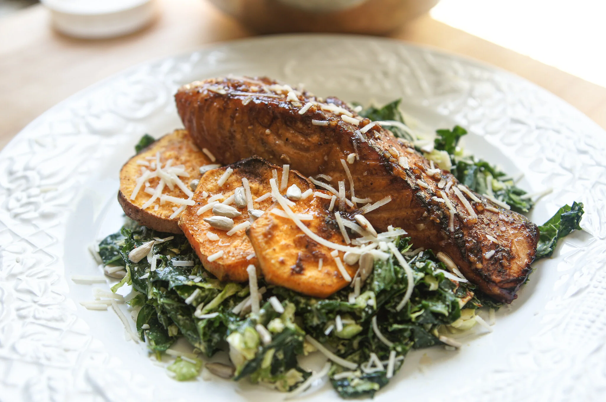 Kale Caesar Salad with Balsamic Glazed Salmon and Roasted Sweet Potatoes