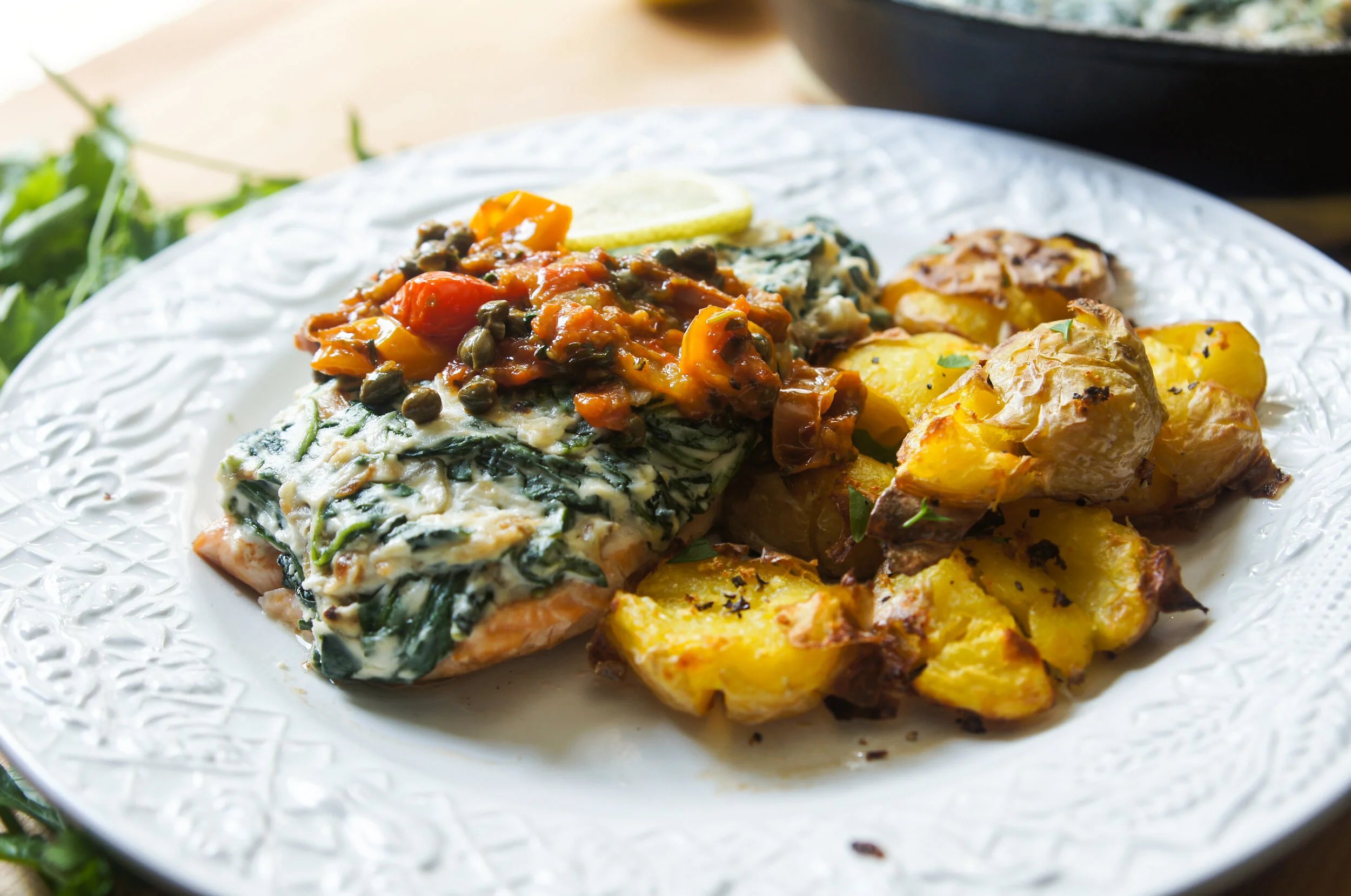 Salmon Florentine with Lemon Smashed Potatoes