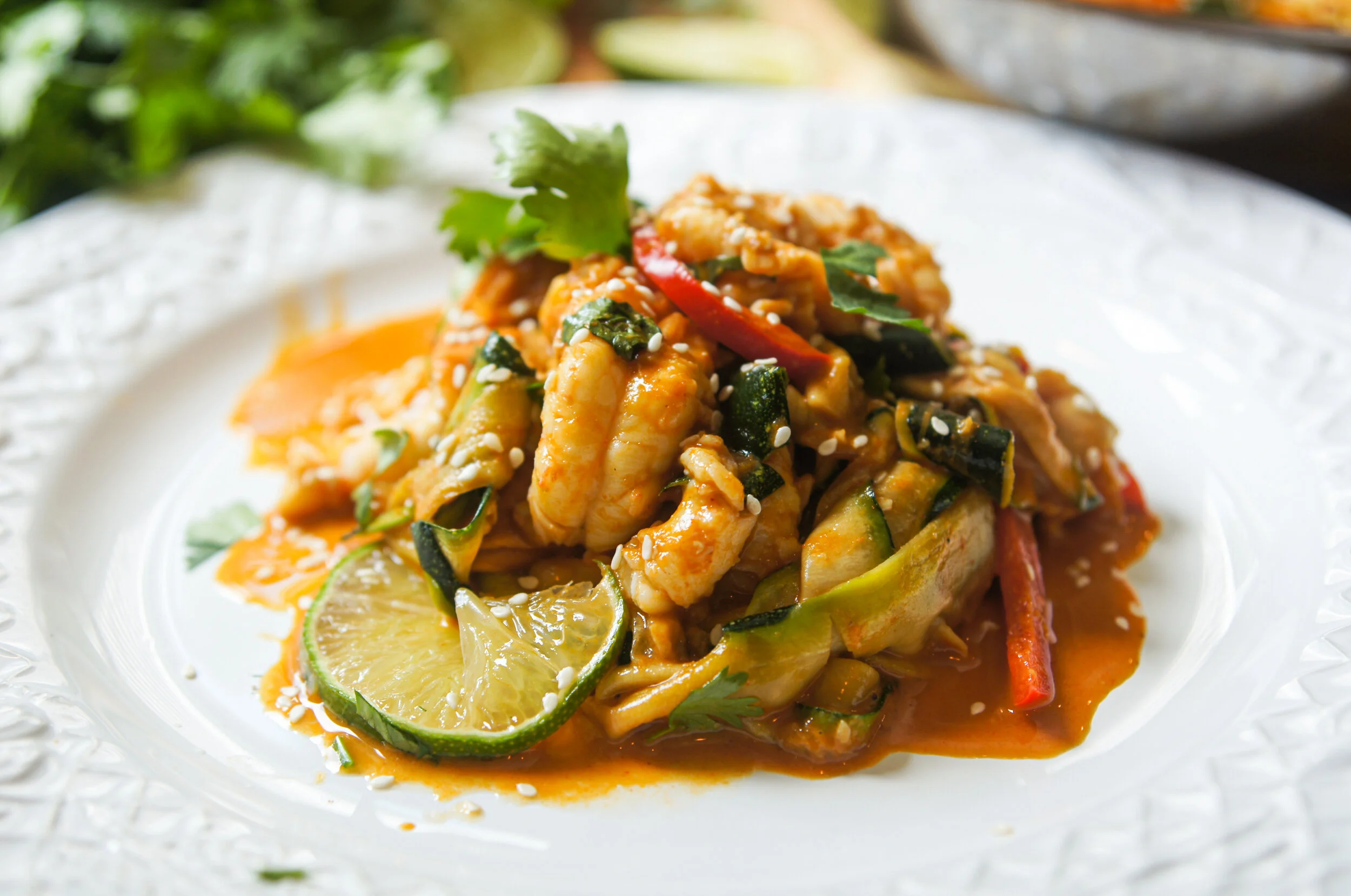 Thai Peanut Curried Zucchini Noodles with Langoustines
