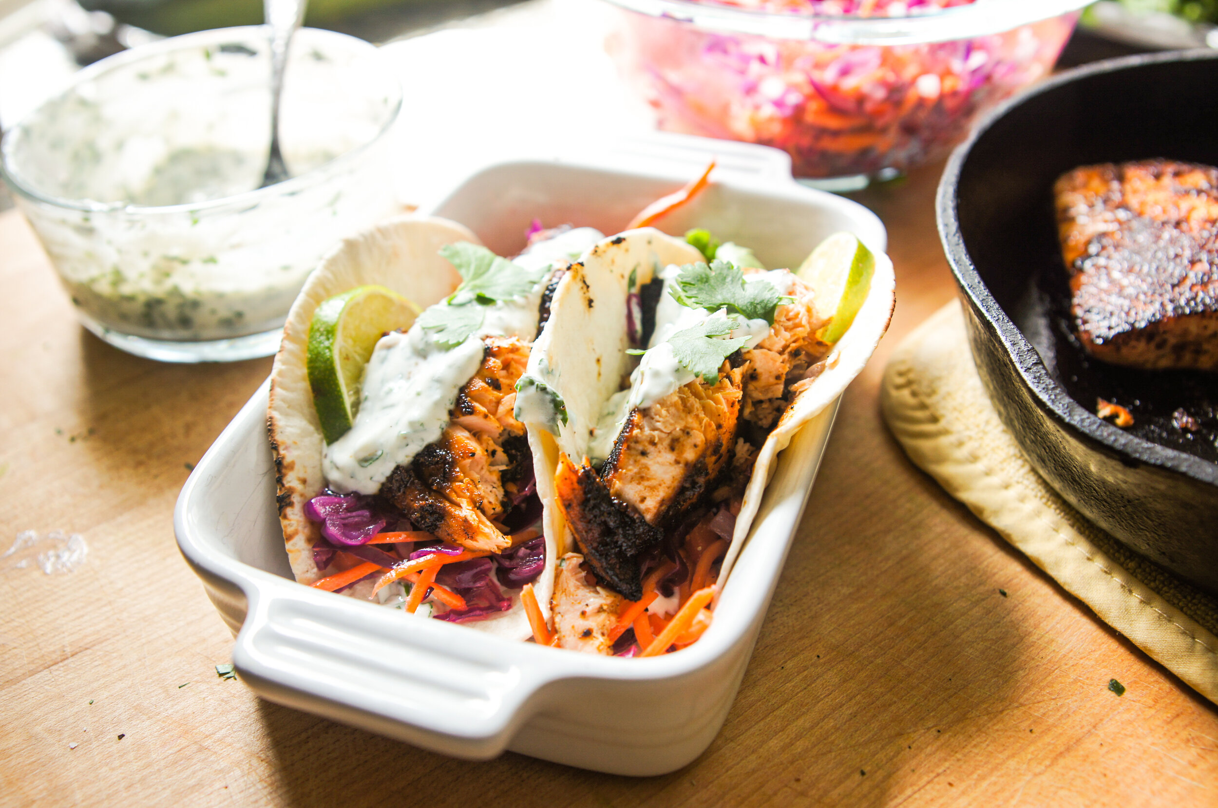 Blackened Salmon Tacos with Cabbage Slaw