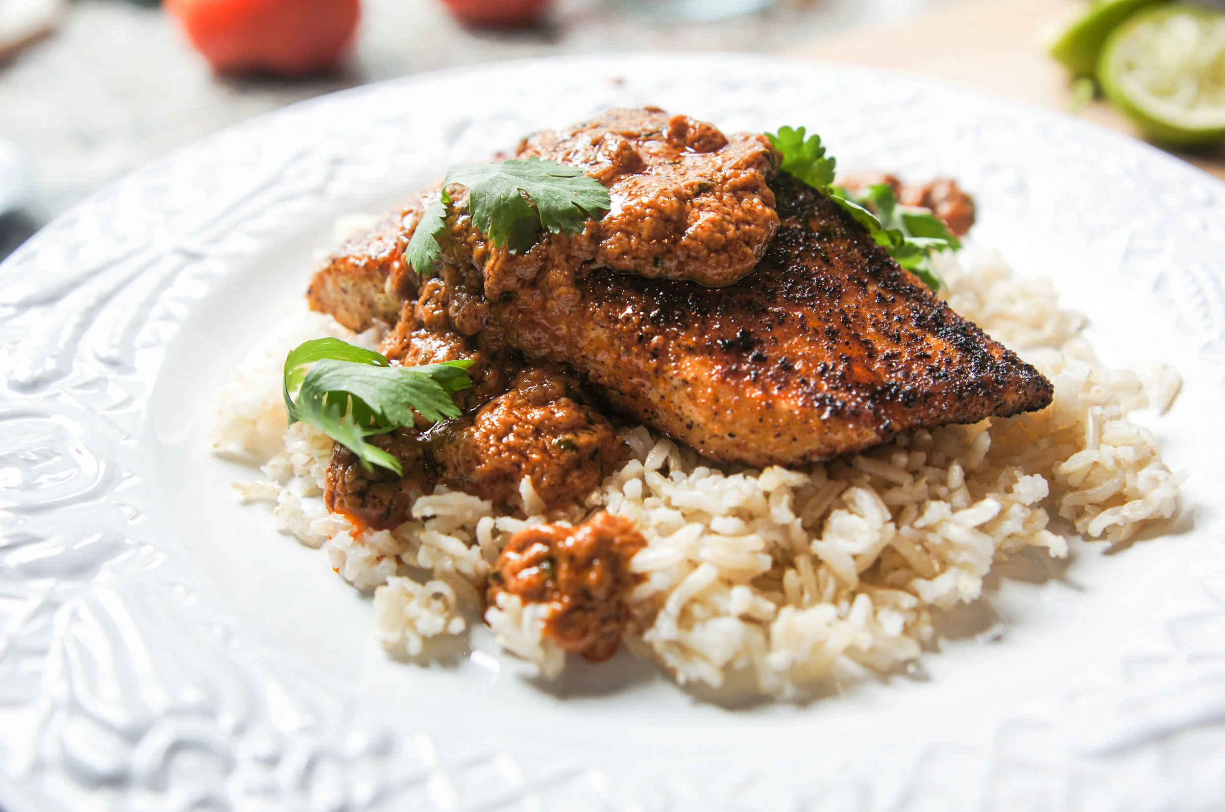 Blackened Salmon with Peanut Curry Sauce &amp; Brown Rice