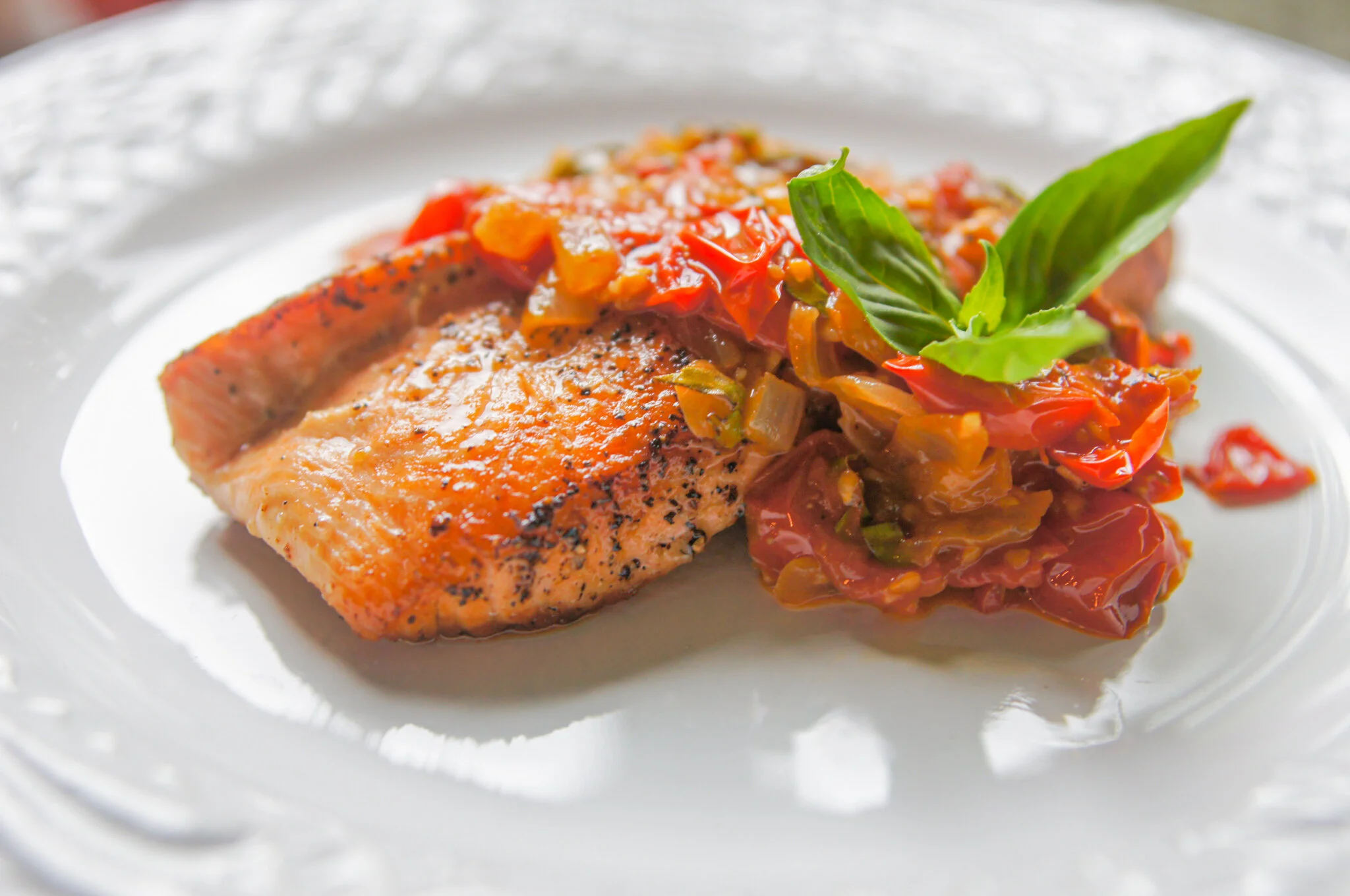 Salt and Pepper Salmon with Melted Cherry Tomatoes