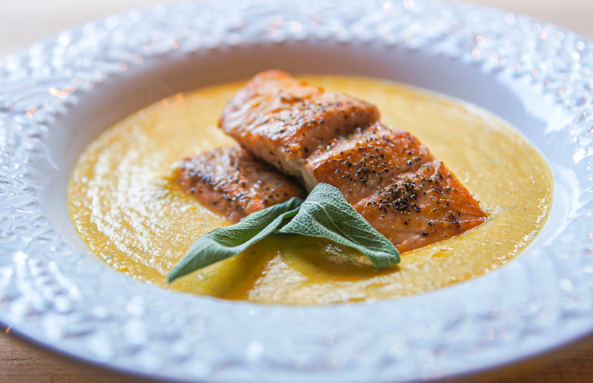 Browned Butter Carrot Sage Soup with Seared Norwegian Salmon